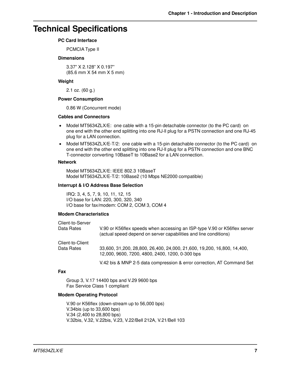 Multi-Tech Systems MT5634ZLX 2, MT5634ZLXE-T manual Technical Specifications 