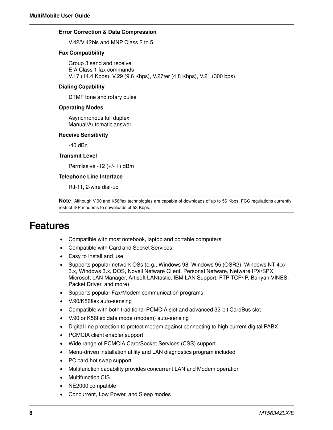 Multi-Tech Systems MT5634ZLXE-T, MT5634ZLX 2 manual Features 