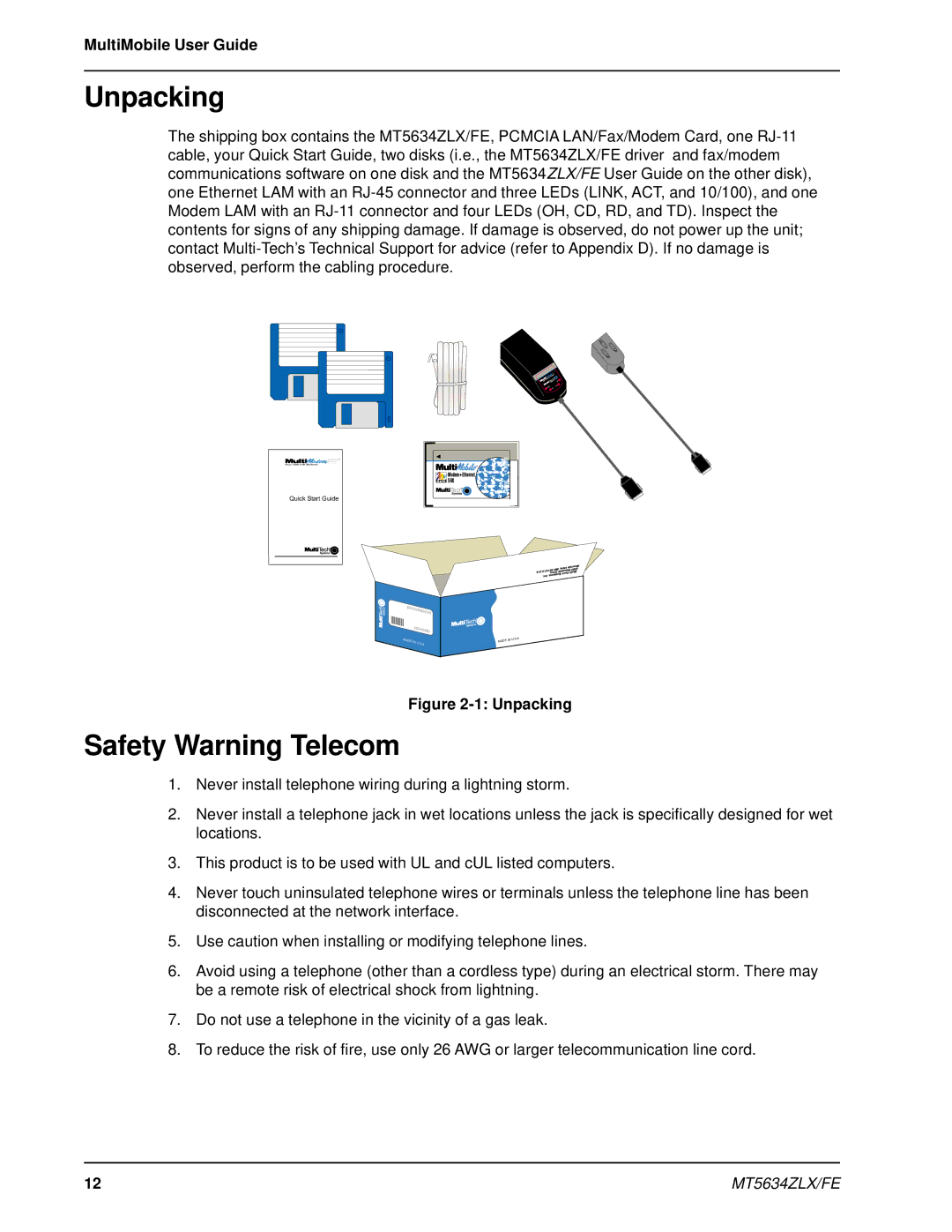 Multi-Tech Systems MT5634ZLX/FE manual Unpacking, Safety Warning Telecom 