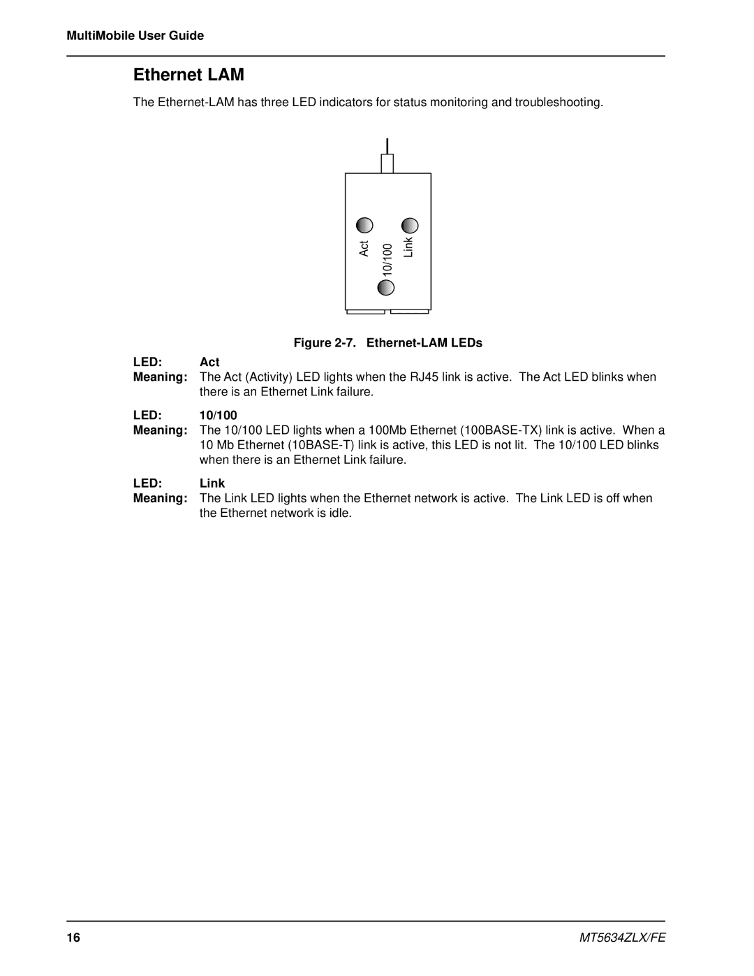 Multi-Tech Systems MT5634ZLX/FE manual Ethernet LAM, Act, 10/100, Link 