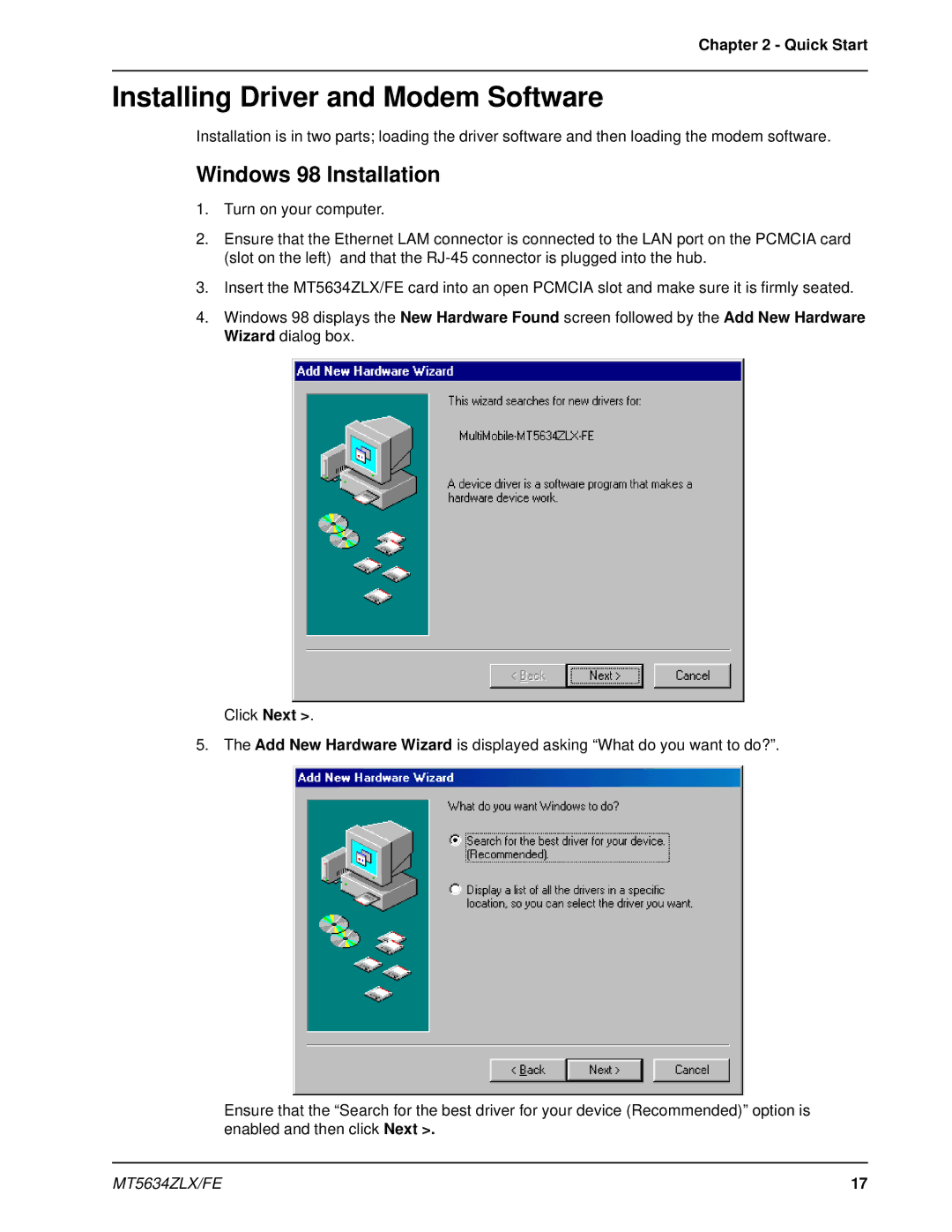 Multi-Tech Systems MT5634ZLX/FE manual Installing Driver and Modem Software, Windows 98 Installation 