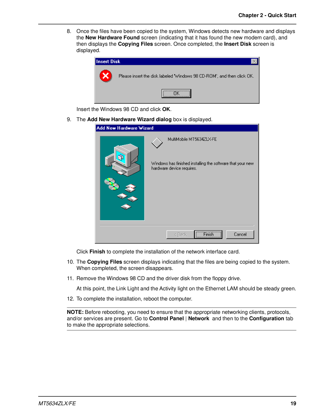 Multi-Tech Systems MT5634ZLX/FE manual Add New Hardware Wizard dialog box is displayed 