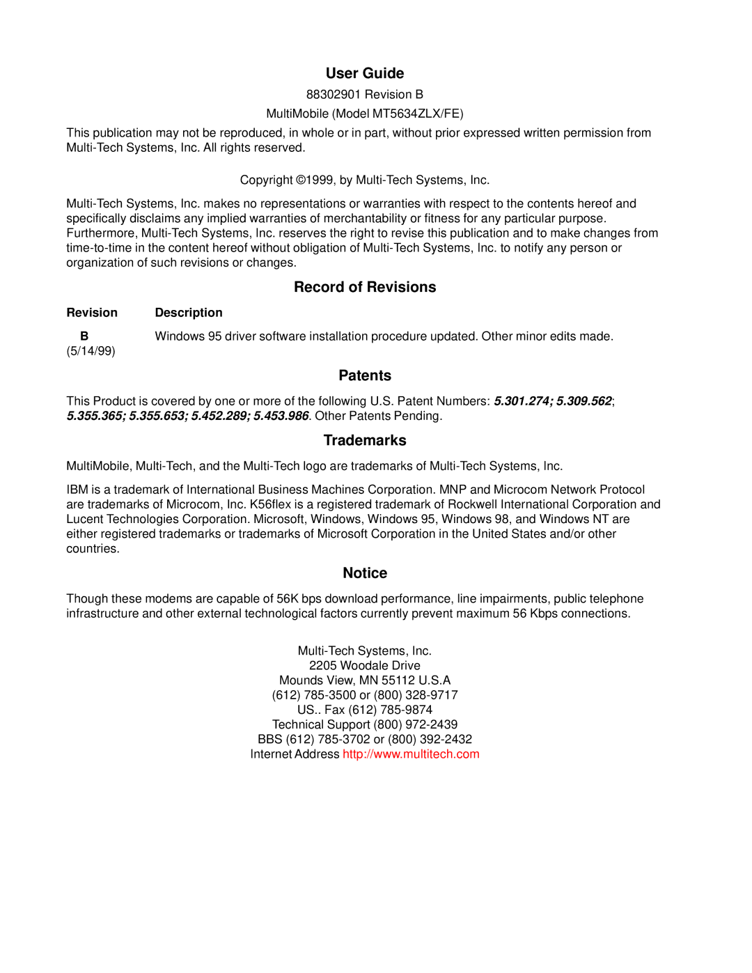 Multi-Tech Systems MT5634ZLX/FE manual User Guide, Revision Description 