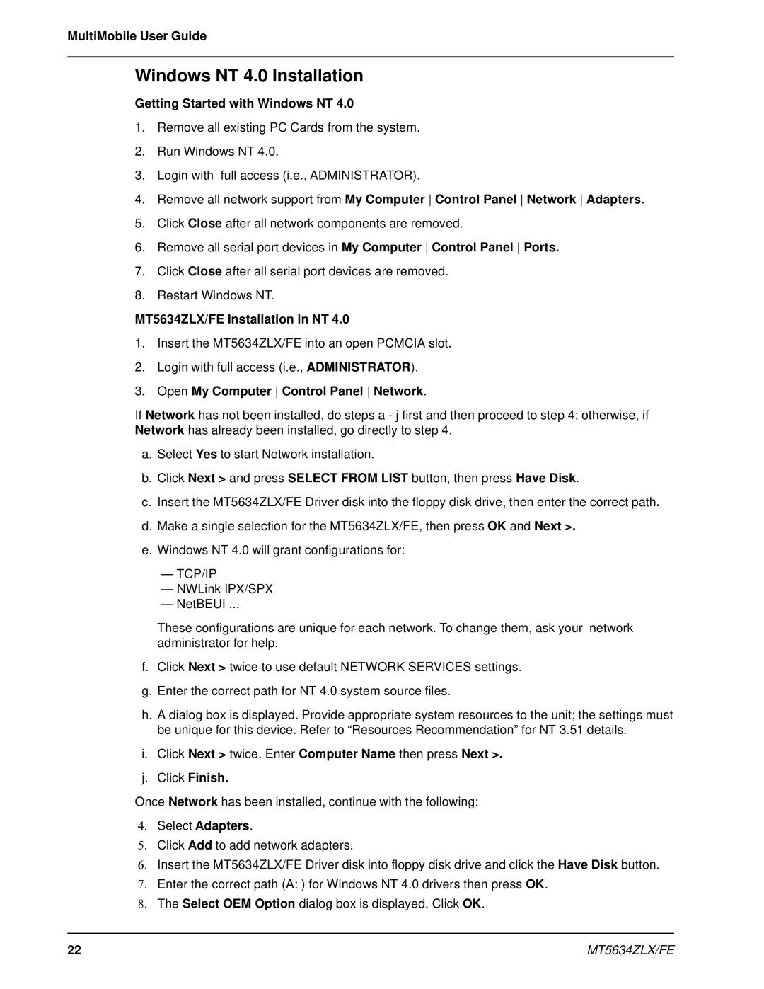 Multi-Tech Systems MT5634ZLX/FE manual Windows NT 4.0 Installation, Getting Started with Windows NT, Click Finish 