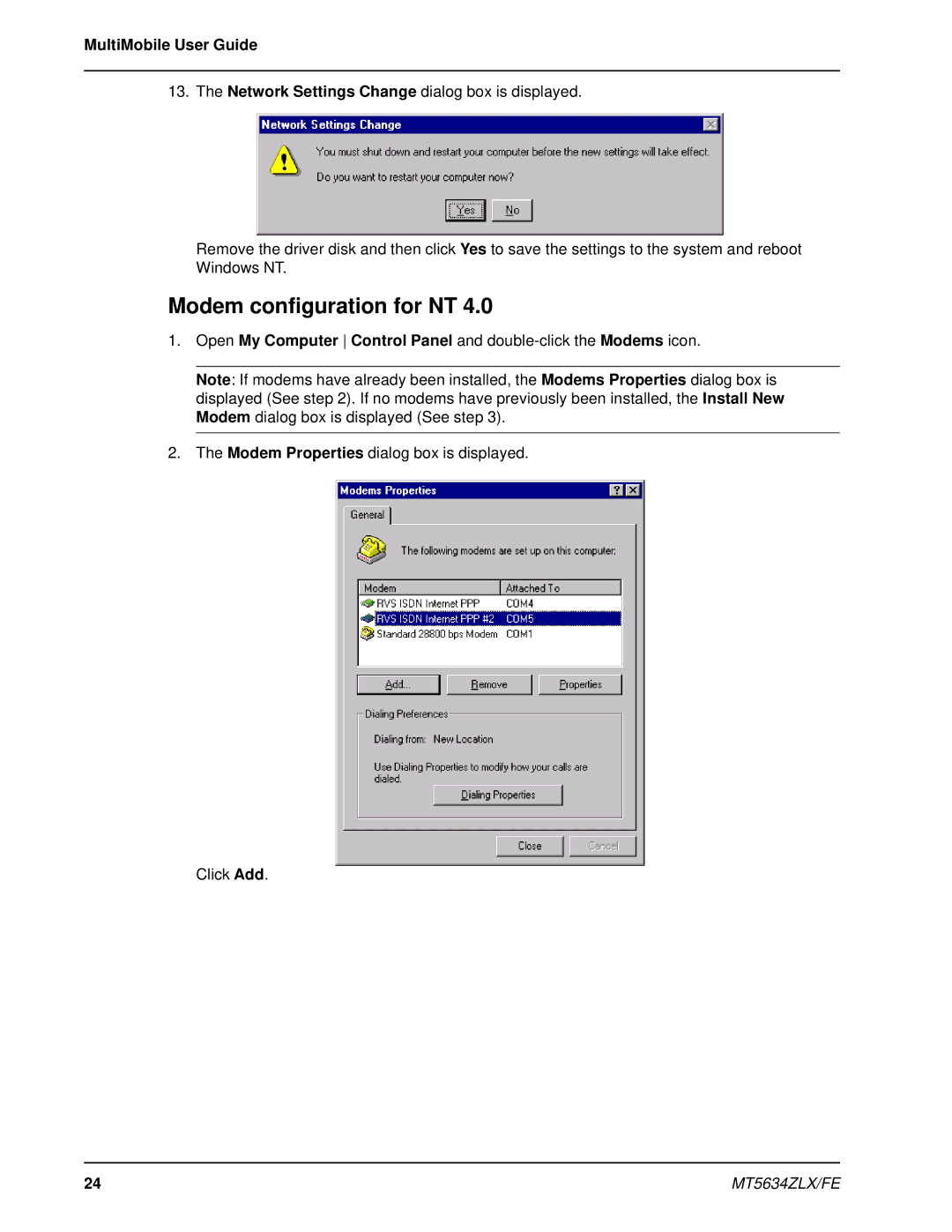 Multi-Tech Systems MT5634ZLX/FE manual Modem configuration for NT 