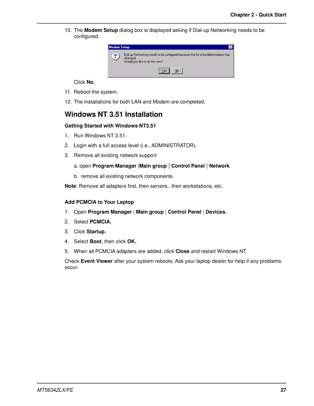 Multi-Tech Systems MT5634ZLX/FE manual Windows NT 3.51 Installation, Getting Started with Windows NT3.51, Click Startup 