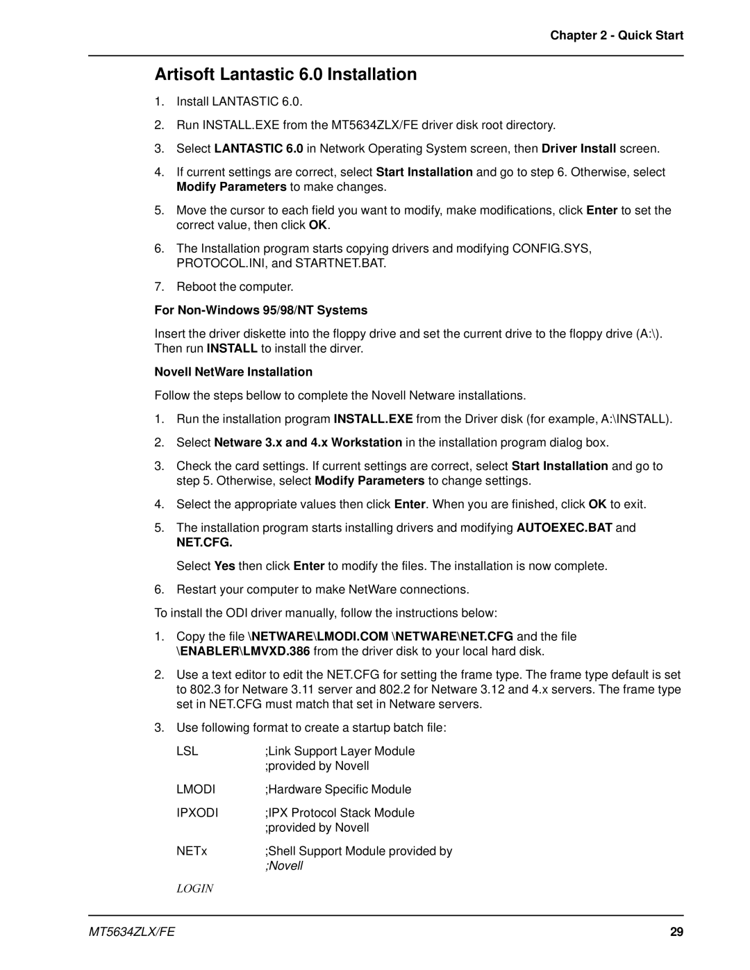 Multi-Tech Systems MT5634ZLX/FE manual Artisoft Lantastic 6.0 Installation, For Non-Windows 95/98/NT Systems 