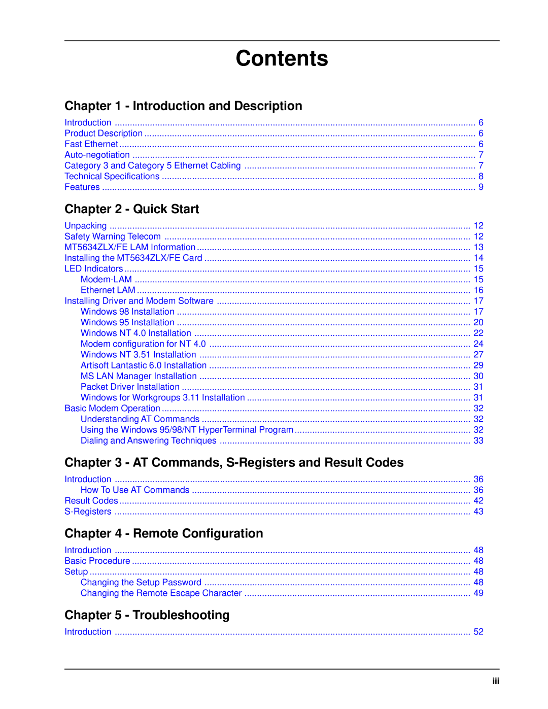 Multi-Tech Systems MT5634ZLX/FE manual Contents 