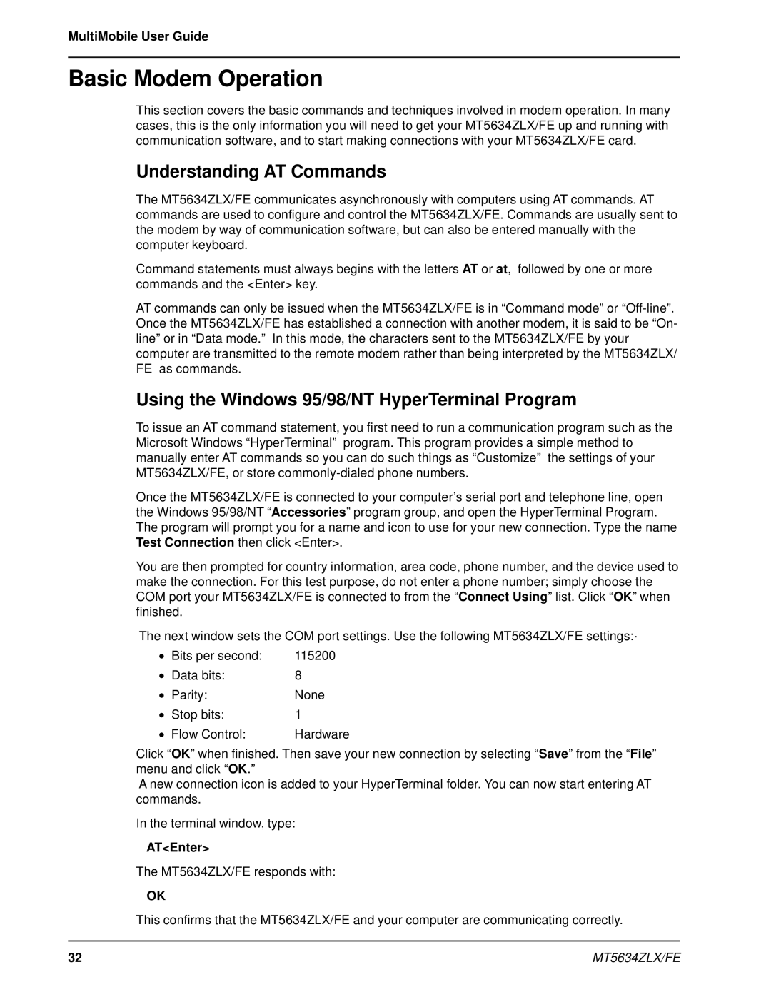 Multi-Tech Systems MT5634ZLX/FE manual Basic Modem Operation, Understanding AT Commands, ATEnter 