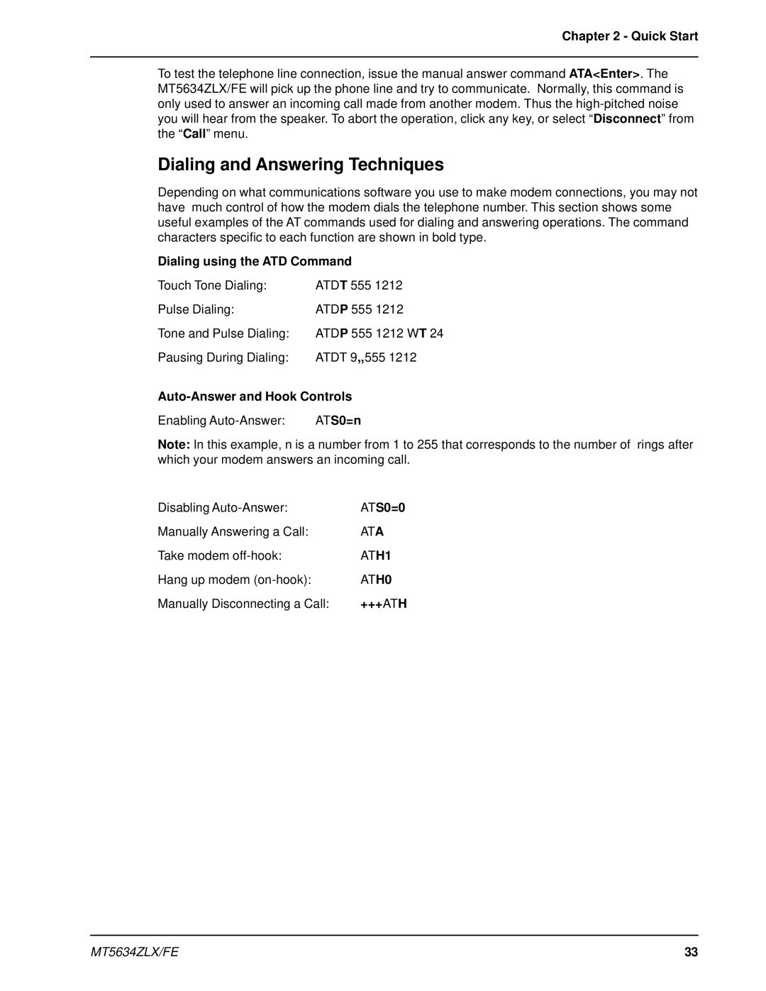 Multi-Tech Systems MT5634ZLX/FE manual Dialing and Answering Techniques 