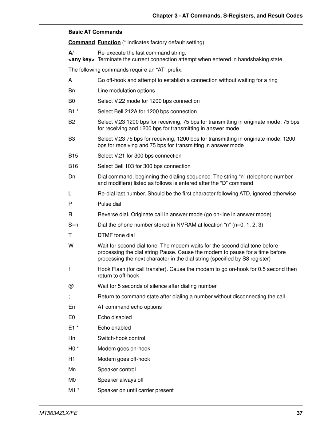 Multi-Tech Systems MT5634ZLX/FE manual AT Commands, S-Registers, and Result Codes Basic AT Commands 