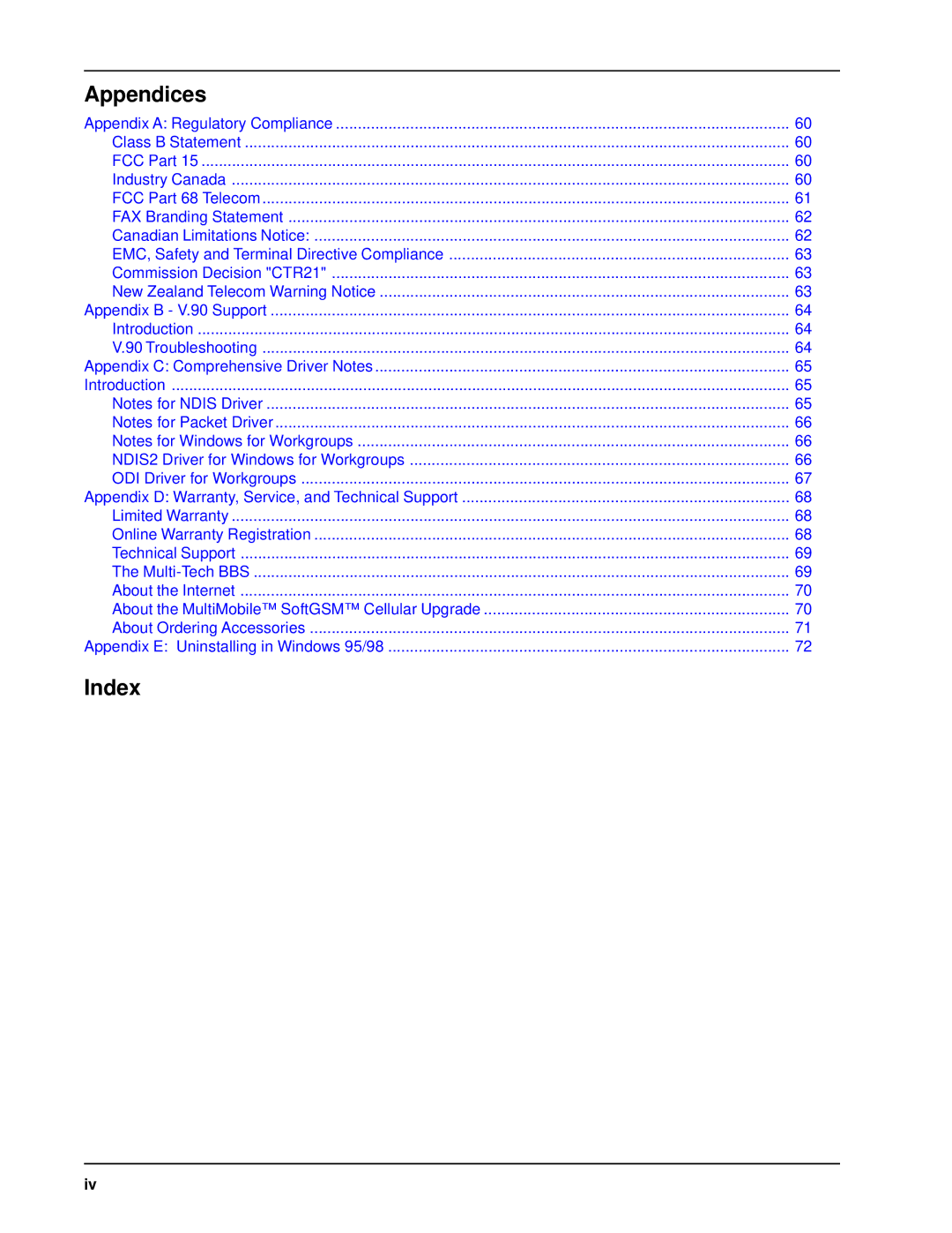 Multi-Tech Systems MT5634ZLX/FE manual Index 