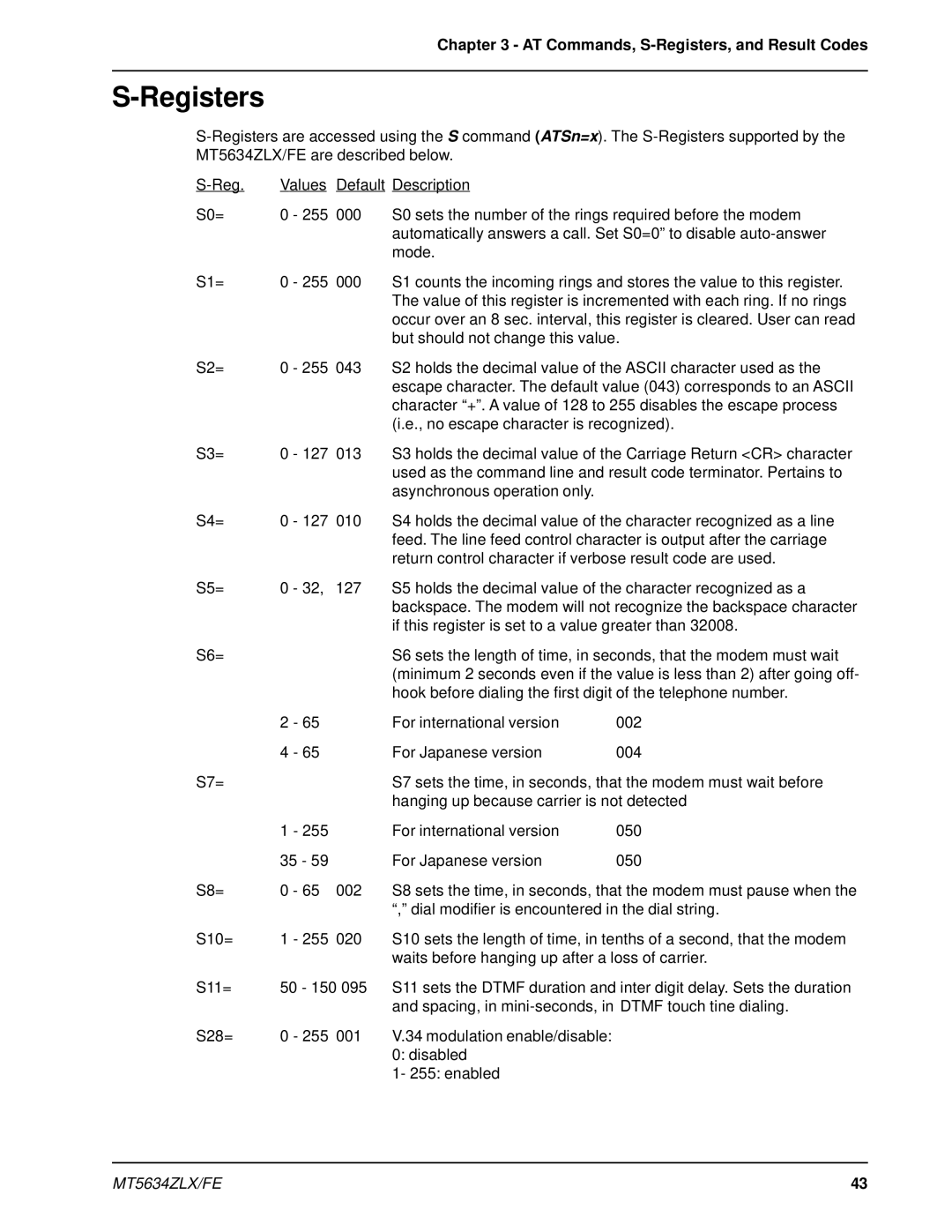 Multi-Tech Systems MT5634ZLX/FE manual AT Commands, S-Registers, and Result Codes 