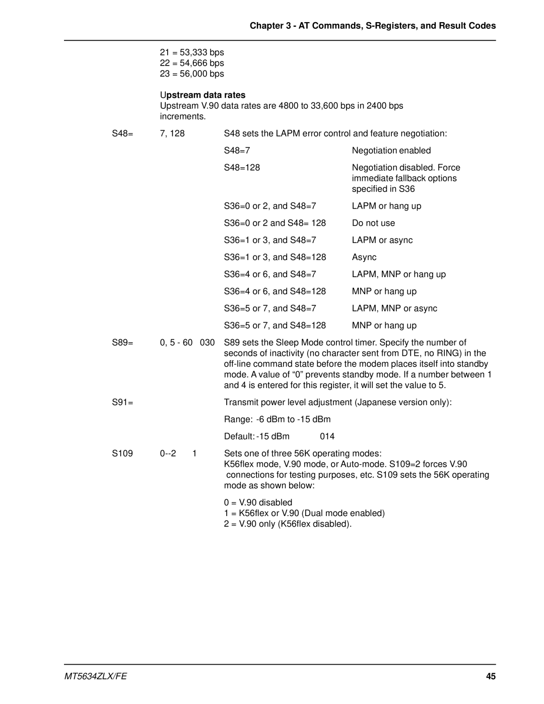 Multi-Tech Systems MT5634ZLX/FE manual Upstream data rates 