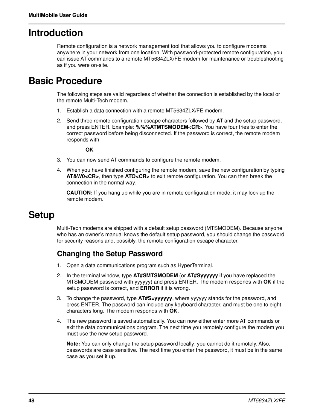 Multi-Tech Systems MT5634ZLX/FE manual Basic Procedure, Changing the Setup Password 