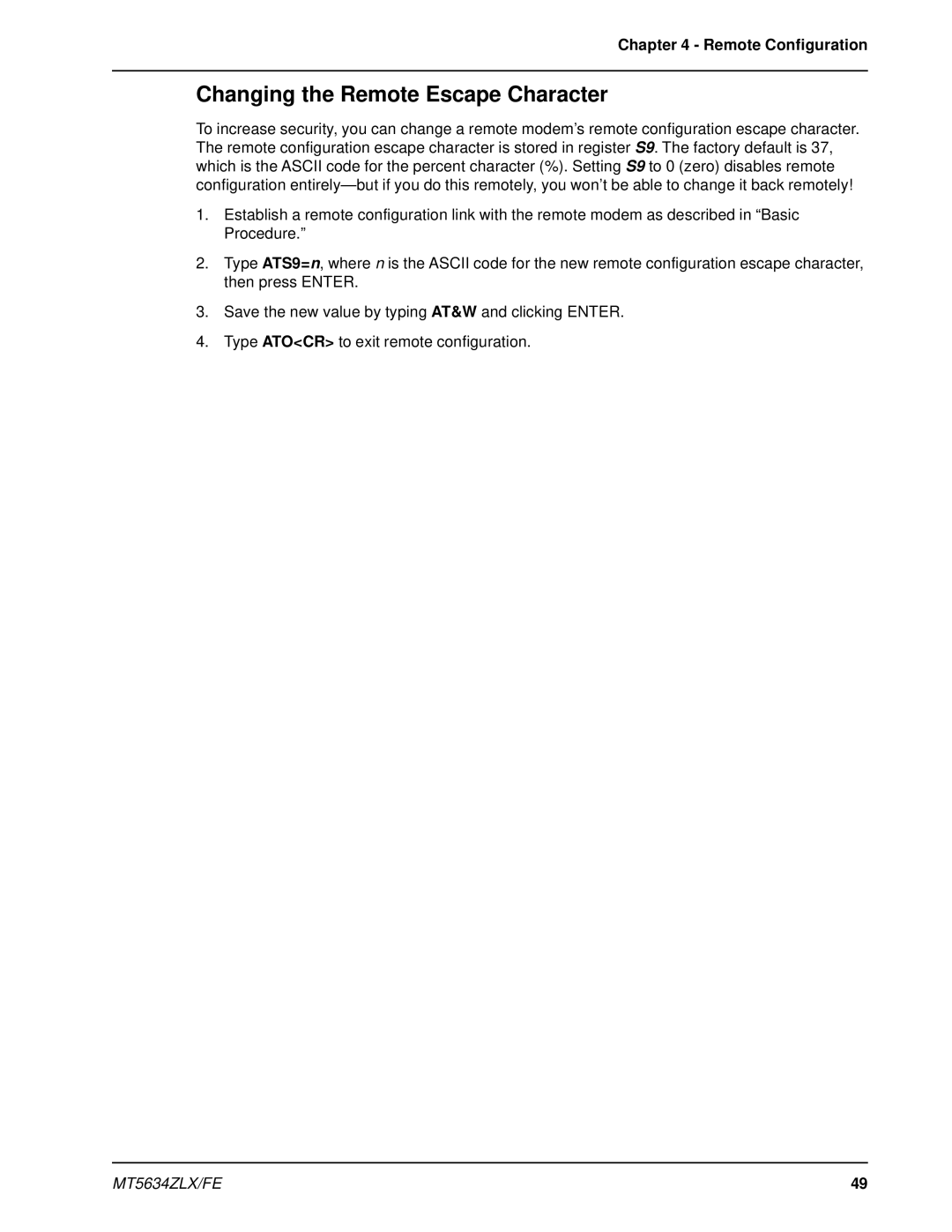 Multi-Tech Systems MT5634ZLX/FE manual Changing the Remote Escape Character, Remote Configuration 