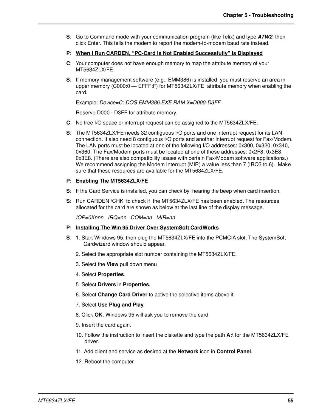 Multi-Tech Systems Troubleshooting, Enabling The MT5634ZLX/FE, Installing The Win 95 Driver Over SystemSoft CardWorks 