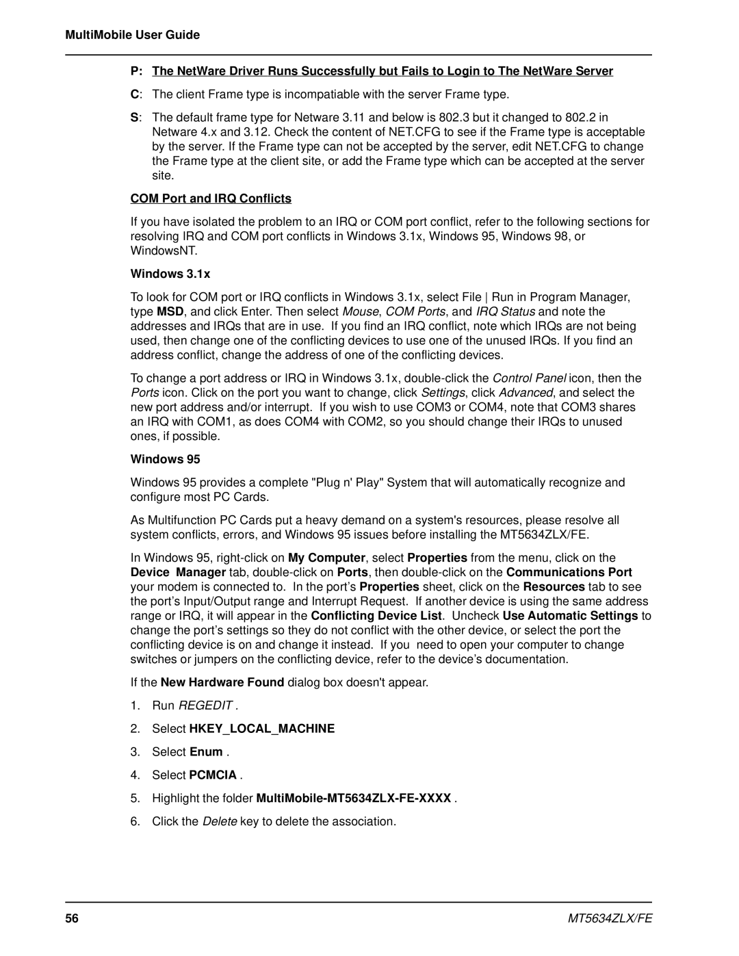 Multi-Tech Systems MT5634ZLX/FE manual COM Port and IRQ Conflicts, Windows, Select Hkeylocalmachine 