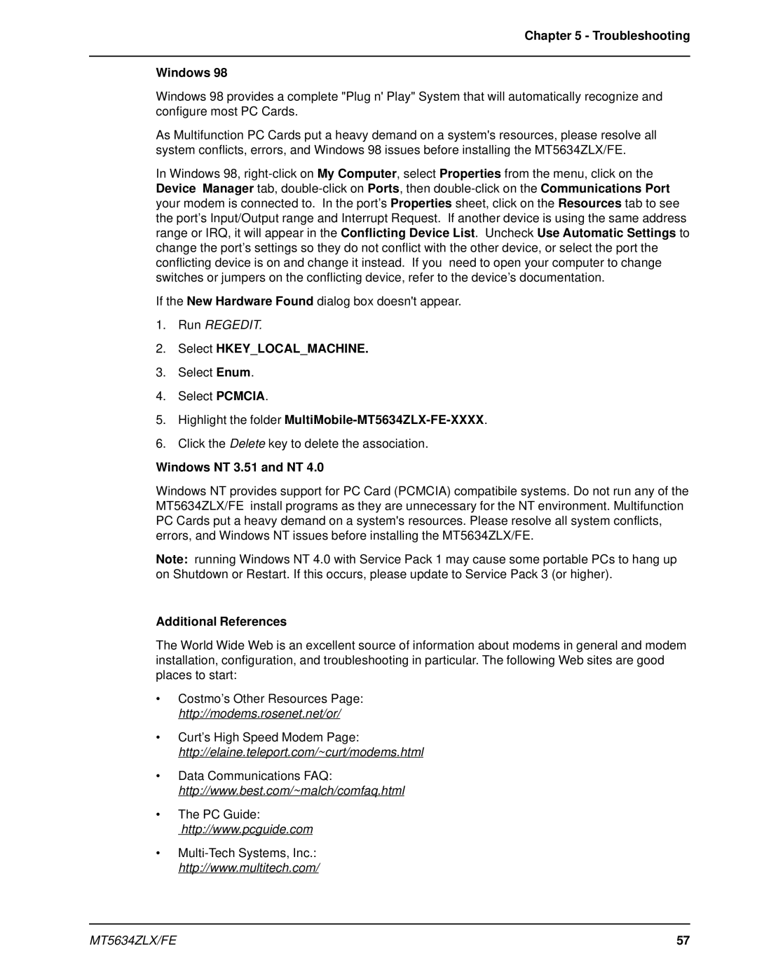 Multi-Tech Systems MT5634ZLX/FE manual Troubleshooting Windows, Windows NT 3.51 and NT, Additional References 