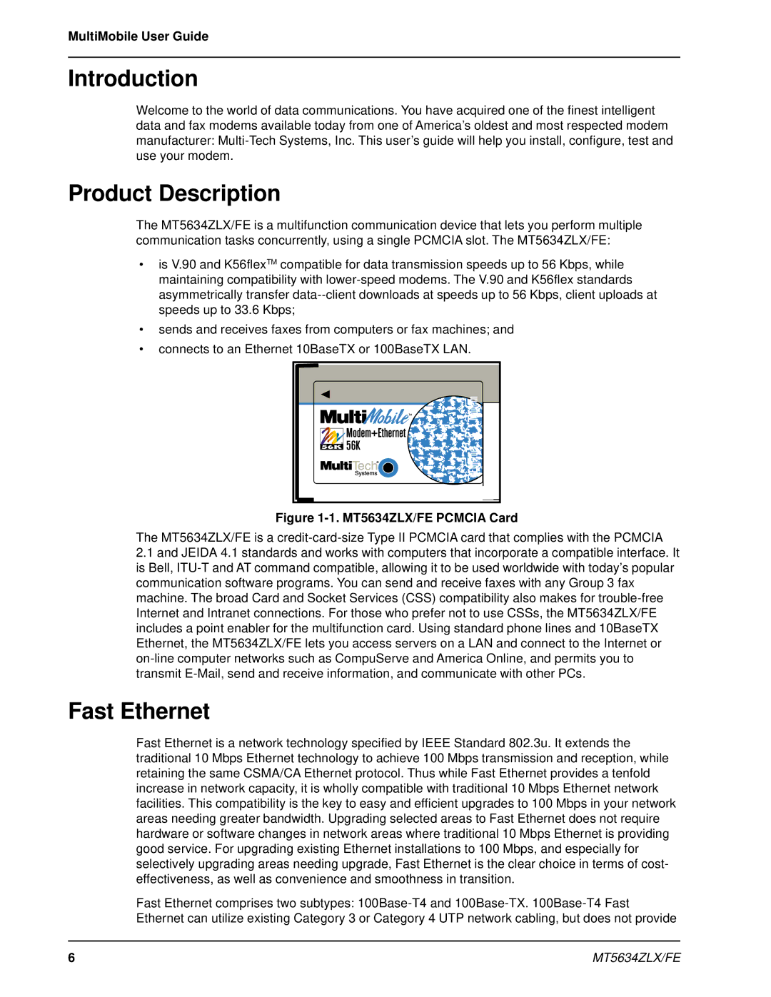 Multi-Tech Systems MT5634ZLX/FE manual Introduction, Product Description, Fast Ethernet, MultiMobile User Guide 