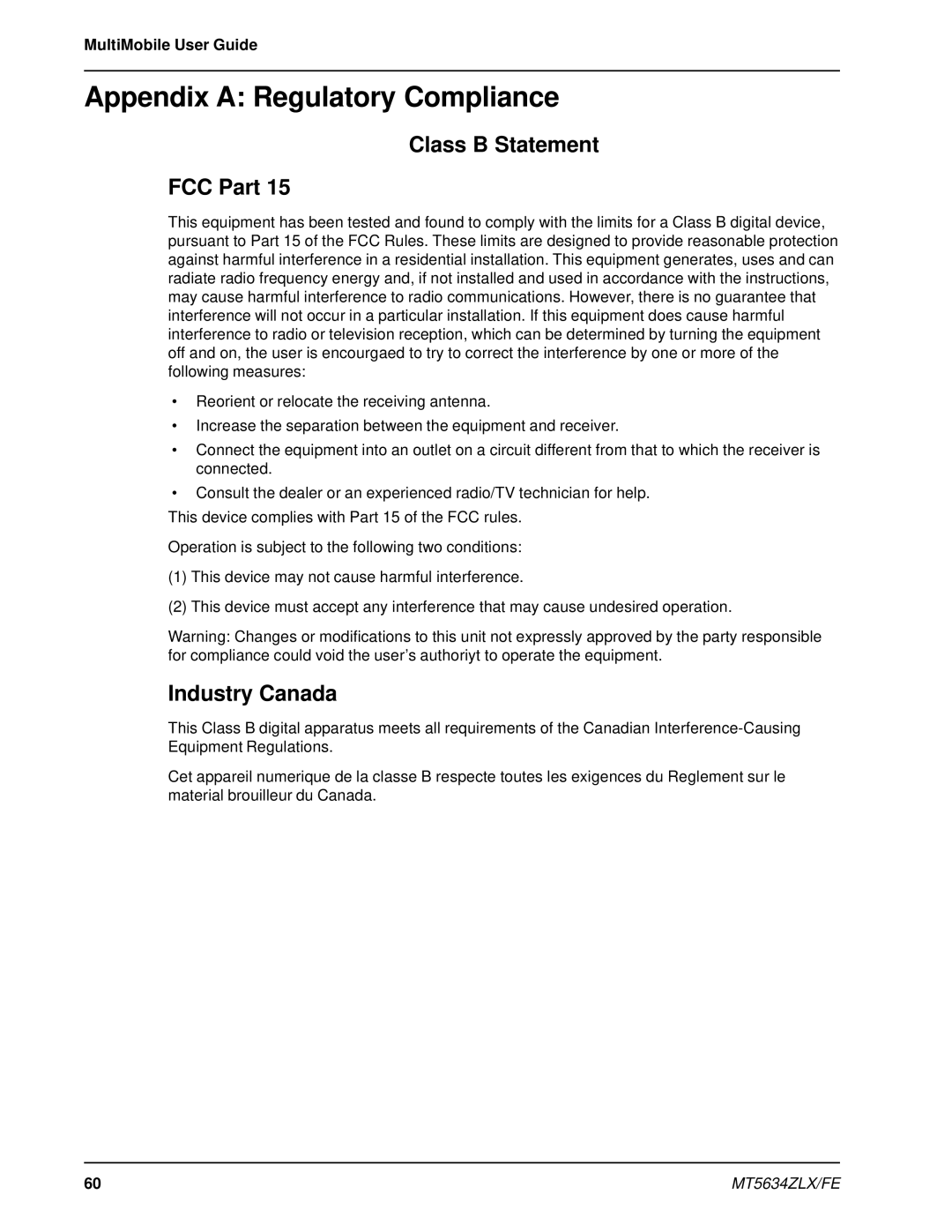 Multi-Tech Systems MT5634ZLX/FE manual Appendix a Regulatory Compliance, Class B Statement FCC Part, Industry Canada 