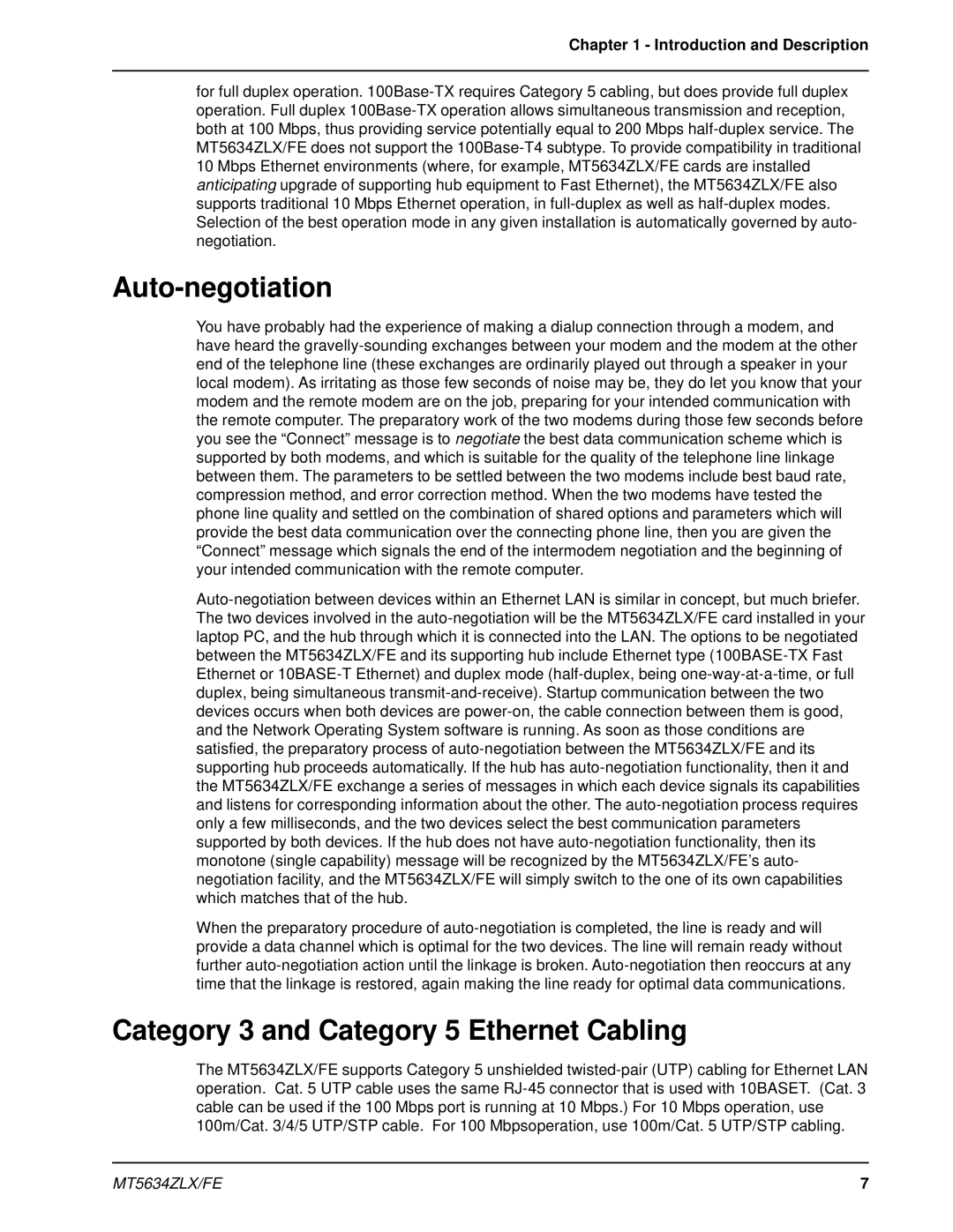 Multi-Tech Systems MT5634ZLX/FE Auto-negotiation, Category 3 and Category 5 Ethernet Cabling, Introduction and Description 