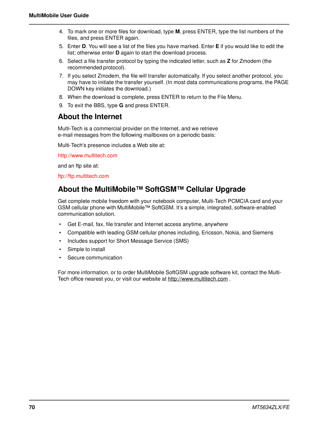 Multi-Tech Systems MT5634ZLX/FE manual About the Internet, About the MultiMobile SoftGSM Cellular Upgrade 