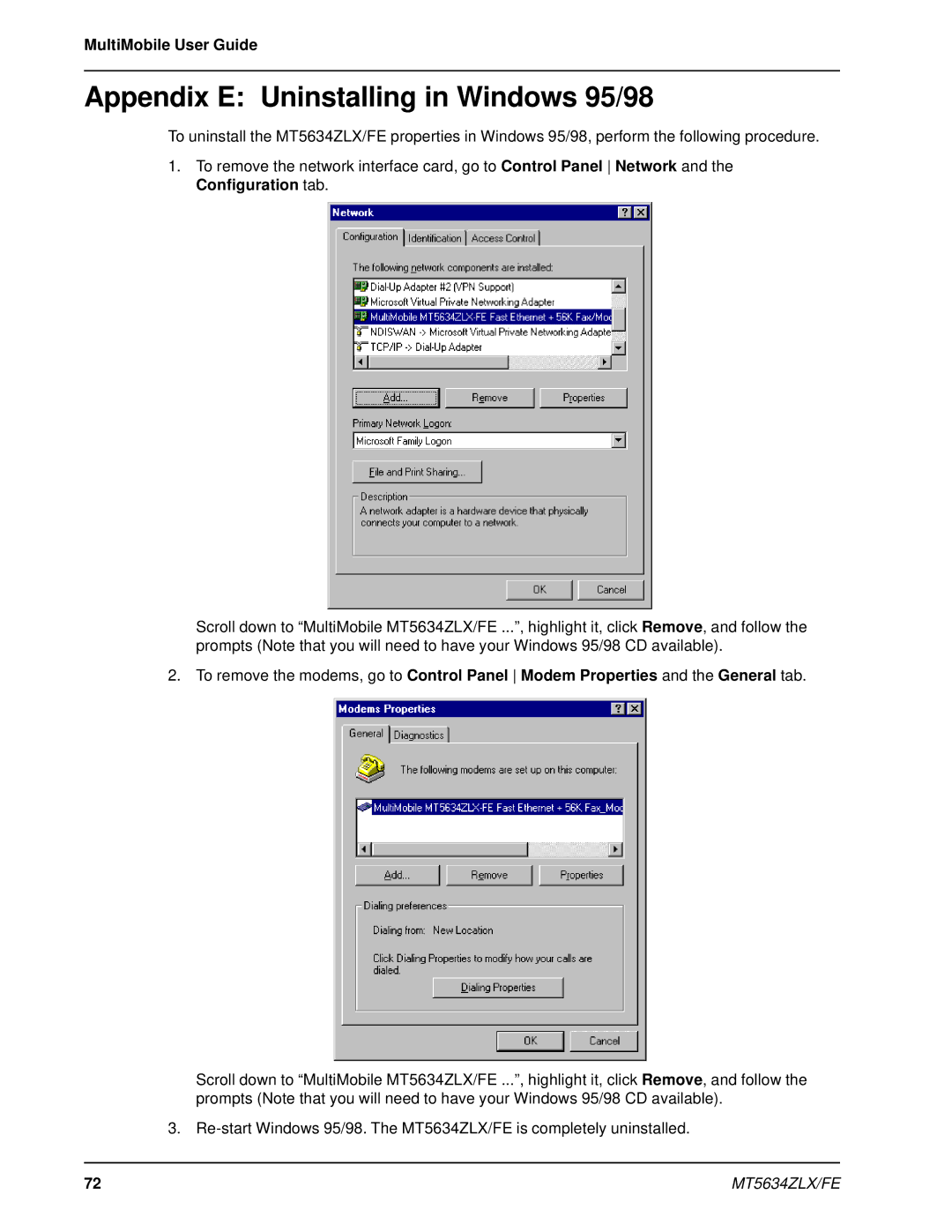 Multi-Tech Systems MT5634ZLX/FE manual Appendix E Uninstalling in Windows 95/98 