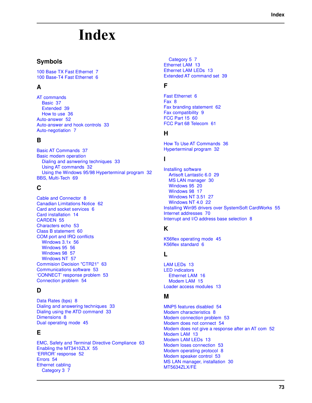 Multi-Tech Systems MT5634ZLX/FE manual Index 