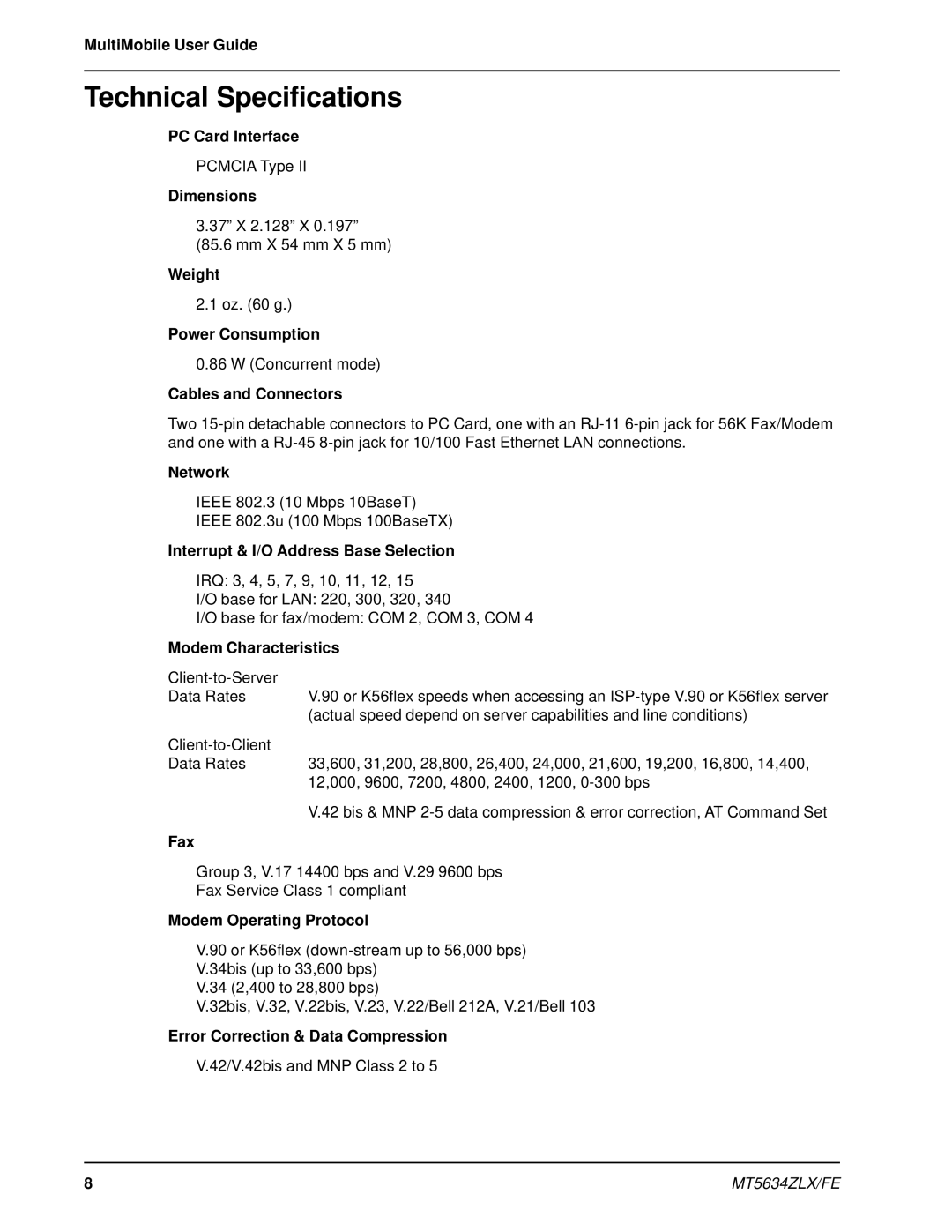 Multi-Tech Systems MT5634ZLX/FE manual Technical Specifications 