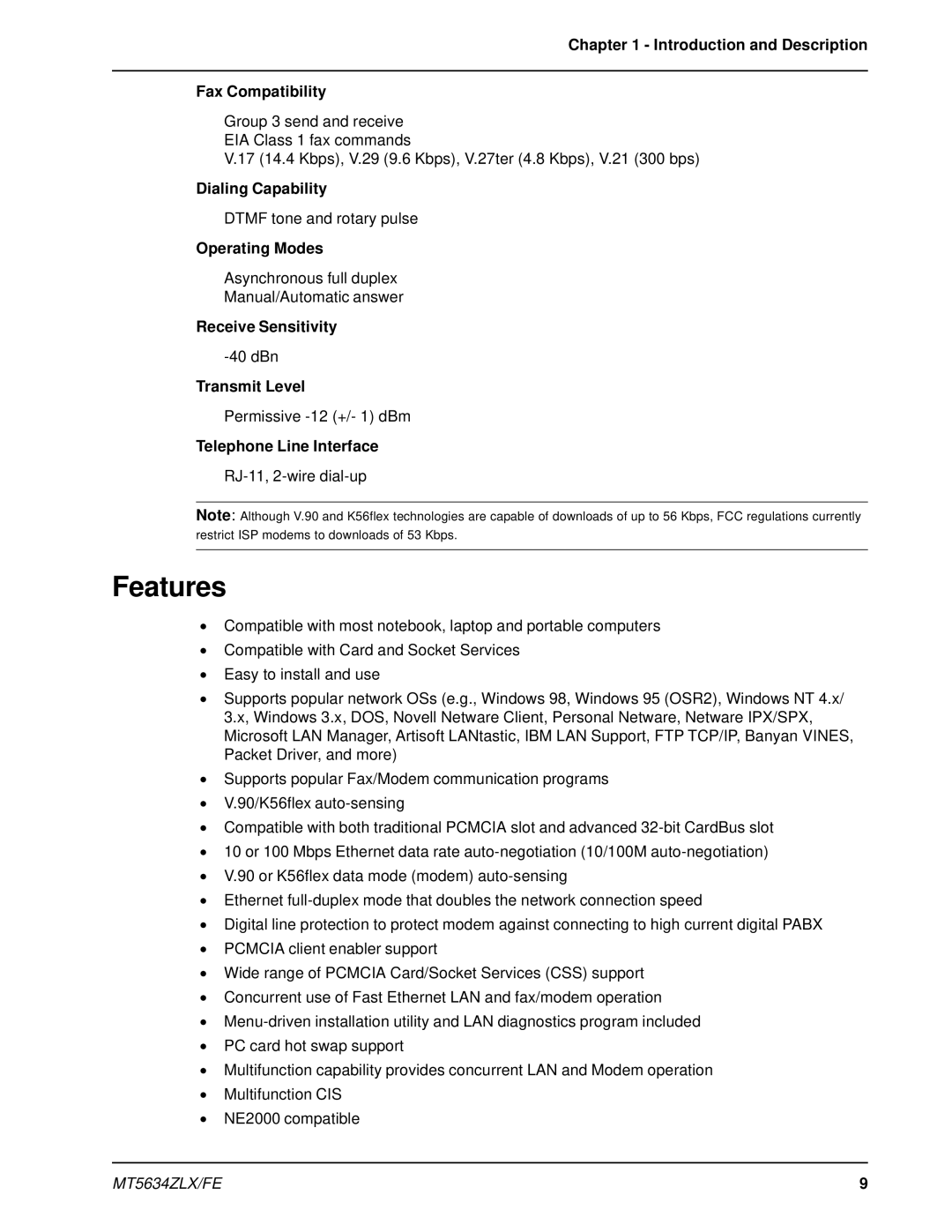 Multi-Tech Systems MT5634ZLX/FE manual Features 