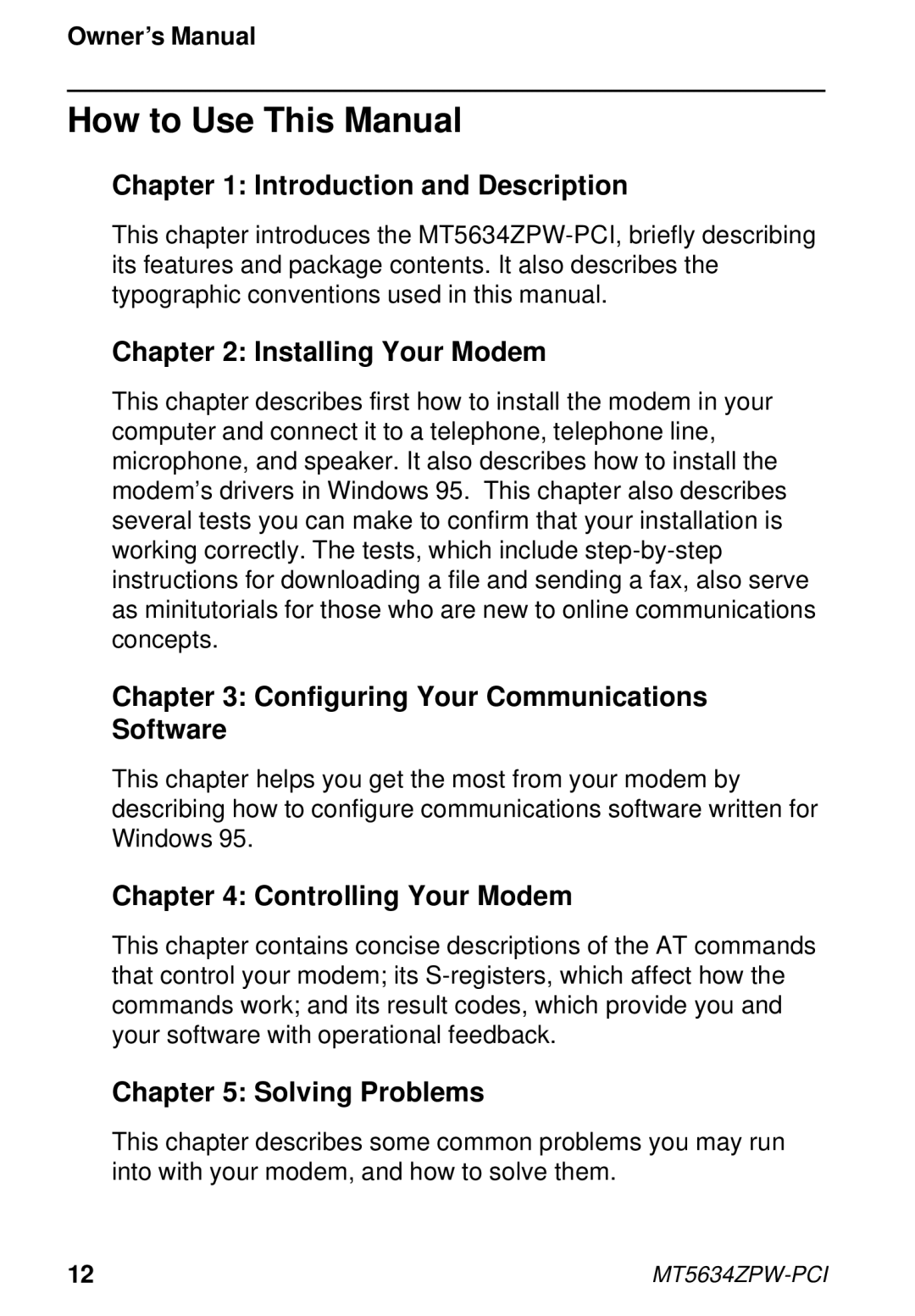 Multi-Tech Systems MT5634ZPW-PCI owner manual How to Use This Manual, Introduction and Description 