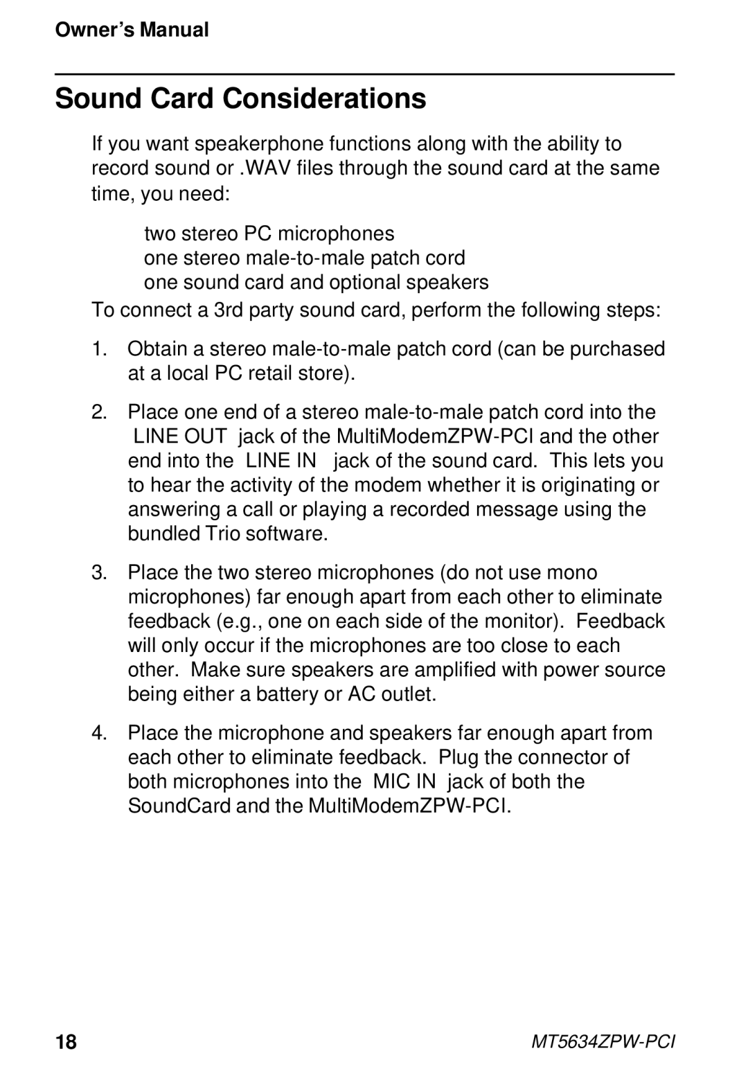 Multi-Tech Systems MT5634ZPW-PCI owner manual Sound Card Considerations 