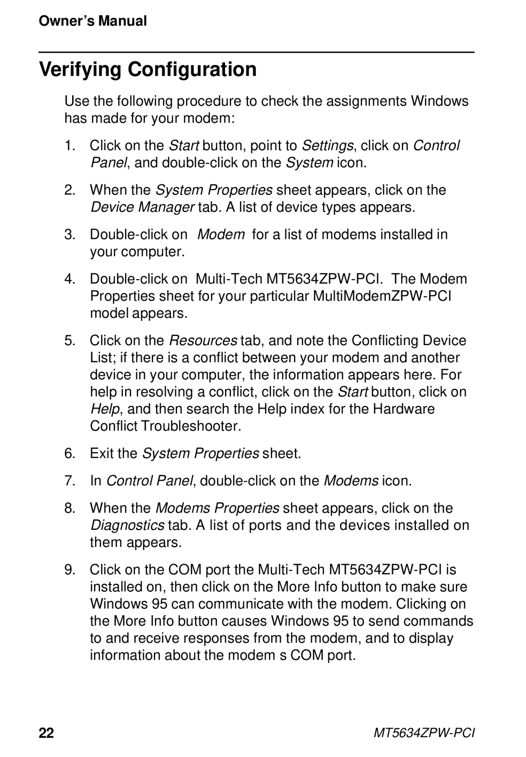 Multi-Tech Systems MT5634ZPW-PCI owner manual Verifying Configuration, Exit the System Properties sheet 