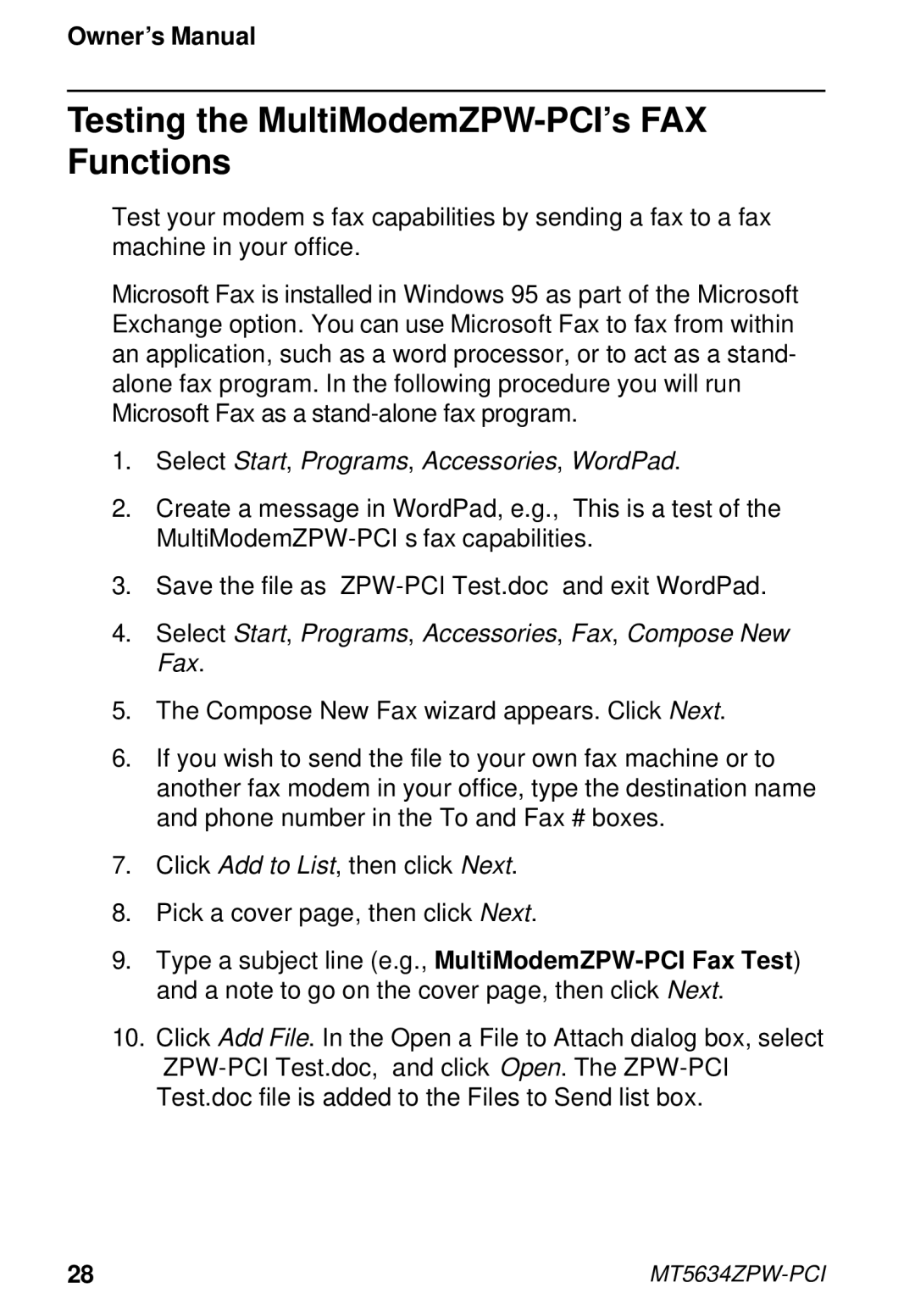 Multi-Tech Systems MT5634ZPW-PCI owner manual Testing the MultiModemZPW-PCI’s FAX Functions 