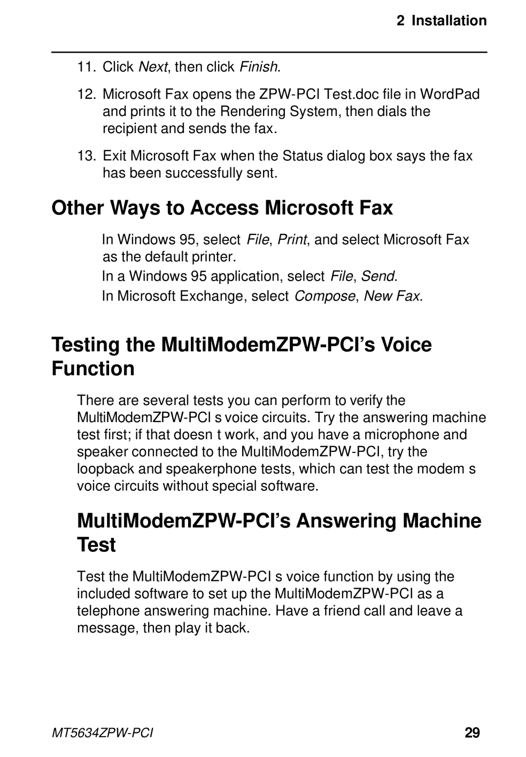 Multi-Tech Systems MT5634ZPW-PCI Other Ways to Access Microsoft Fax, Testing the MultiModemZPW-PCI’s Voice Function 