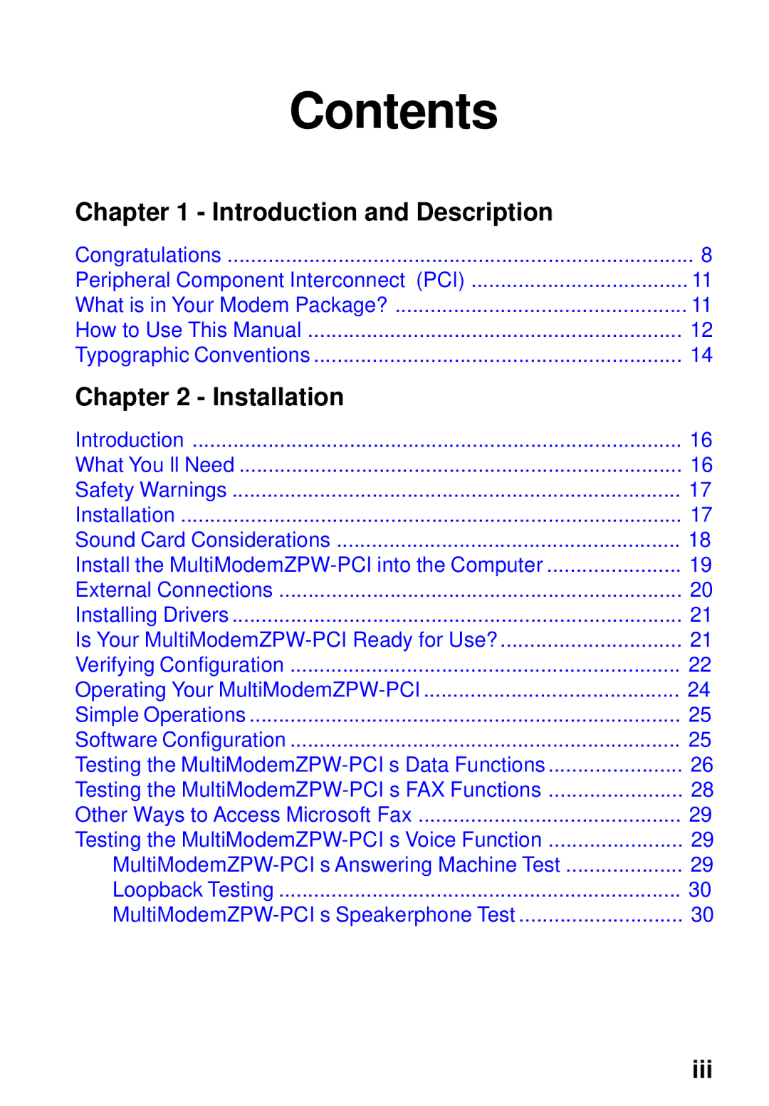 Multi-Tech Systems MT5634ZPW-PCI owner manual Contents 