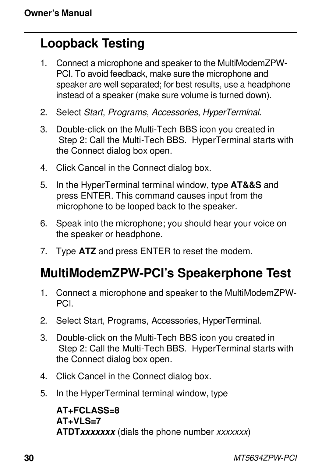 Multi-Tech Systems MT5634ZPW-PCI owner manual Loopback Testing, MultiModemZPW-PCI’s Speakerphone Test 