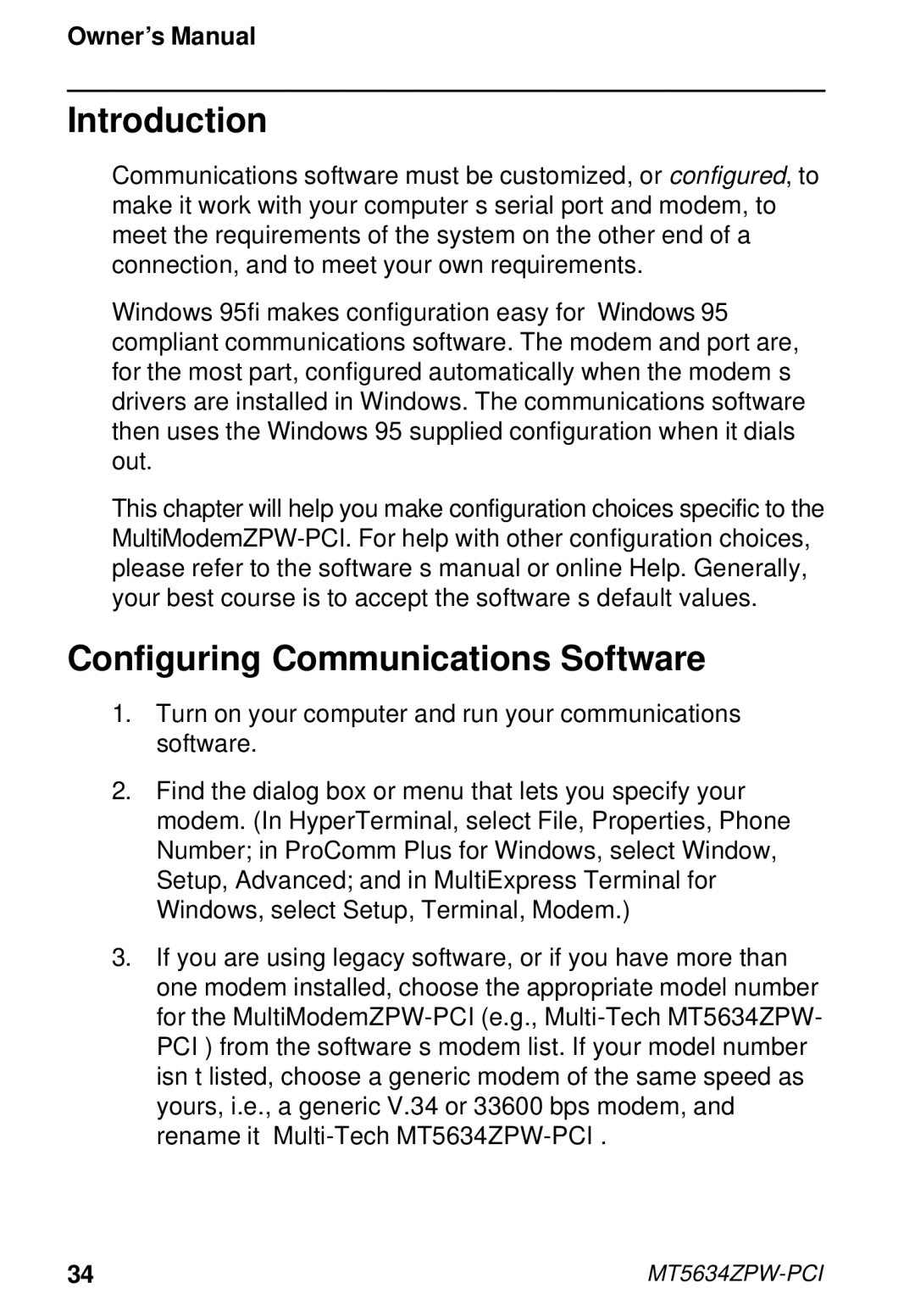 Multi-Tech Systems MT5634ZPW-PCI owner manual Introduction, Configuring Communications Software 