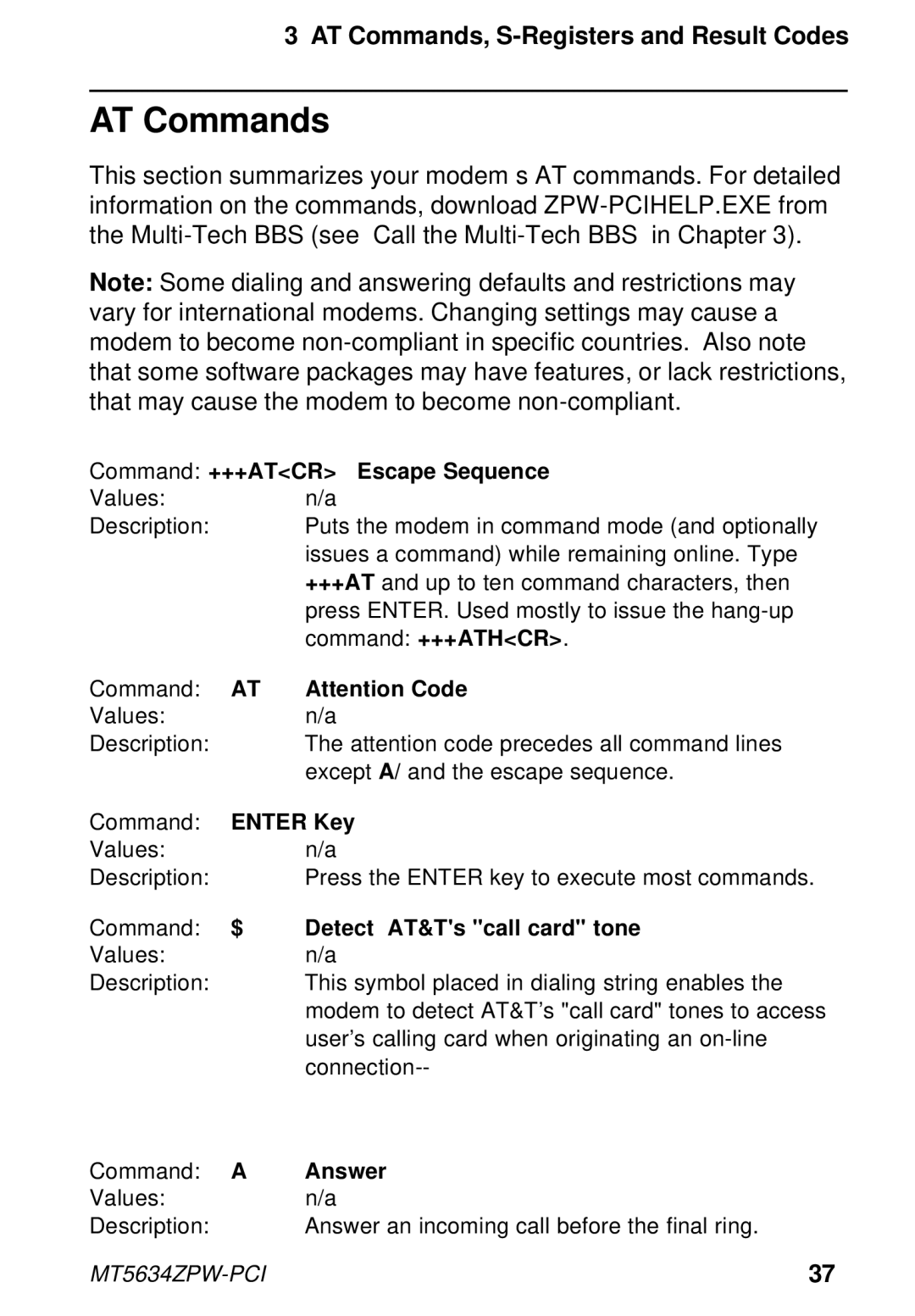 Multi-Tech Systems MT5634ZPW-PCI AT Commands, Command +++ATCR Escape Sequence, Enter Key, Detect AT&Ts call card tone 