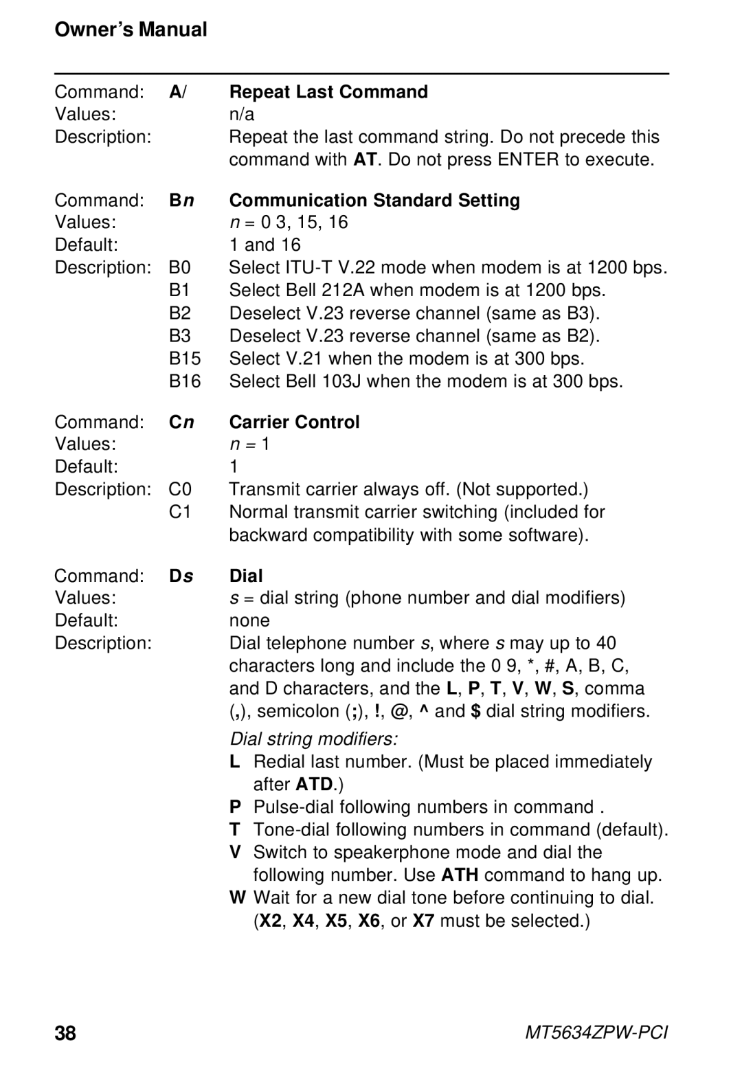 Multi-Tech Systems MT5634ZPW-PCI owner manual Repeat Last Command, Communication Standard Setting, Carrier Control, Dial 