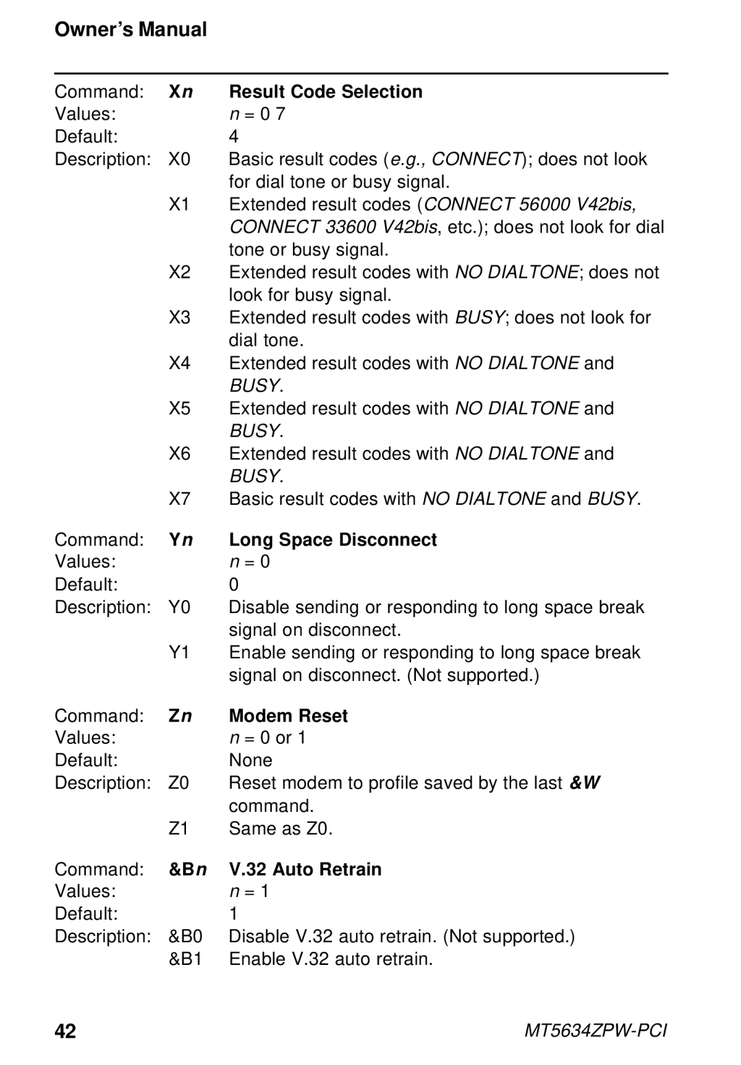 Multi-Tech Systems MT5634ZPW-PCI owner manual Result Code Selection, Long Space Disconnect, Modem Reset, Auto Retrain 