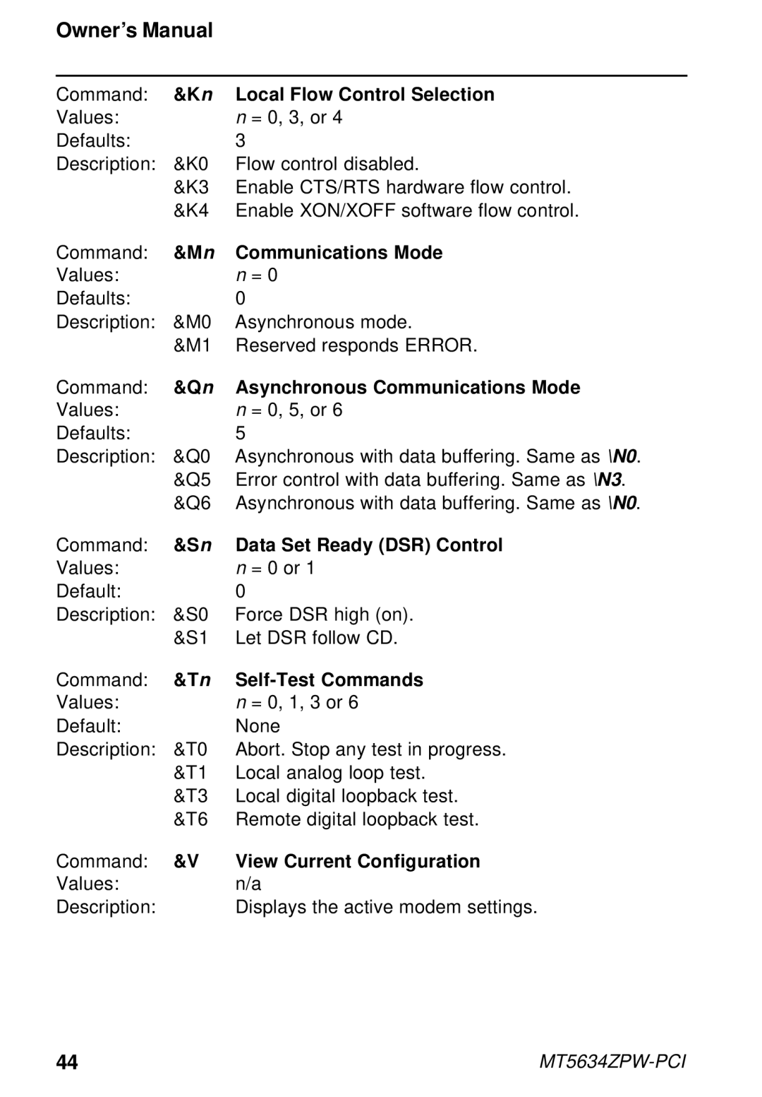 Multi-Tech Systems MT5634ZPW-PCI Local Flow Control Selection, Asynchronous Communications Mode, Self-Test Commands 