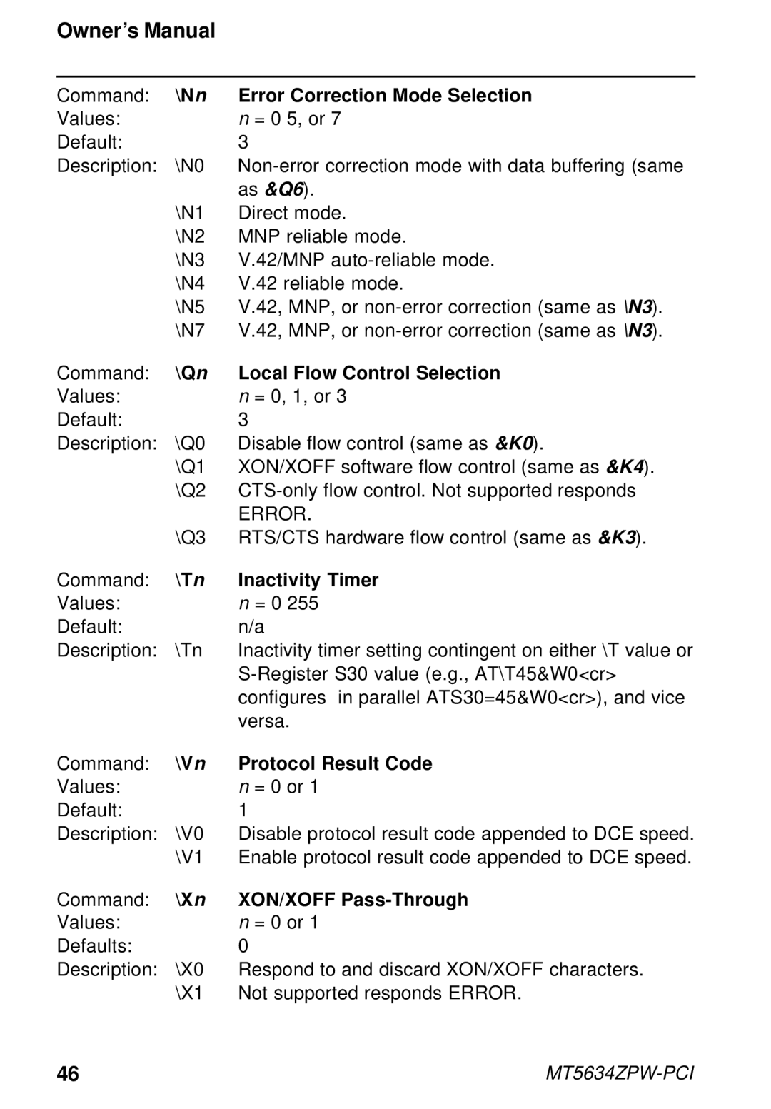 Multi-Tech Systems MT5634ZPW-PCI Nn Error Correction Mode Selection, Qn Local Flow Control Selection, Tn Inactivity Timer 