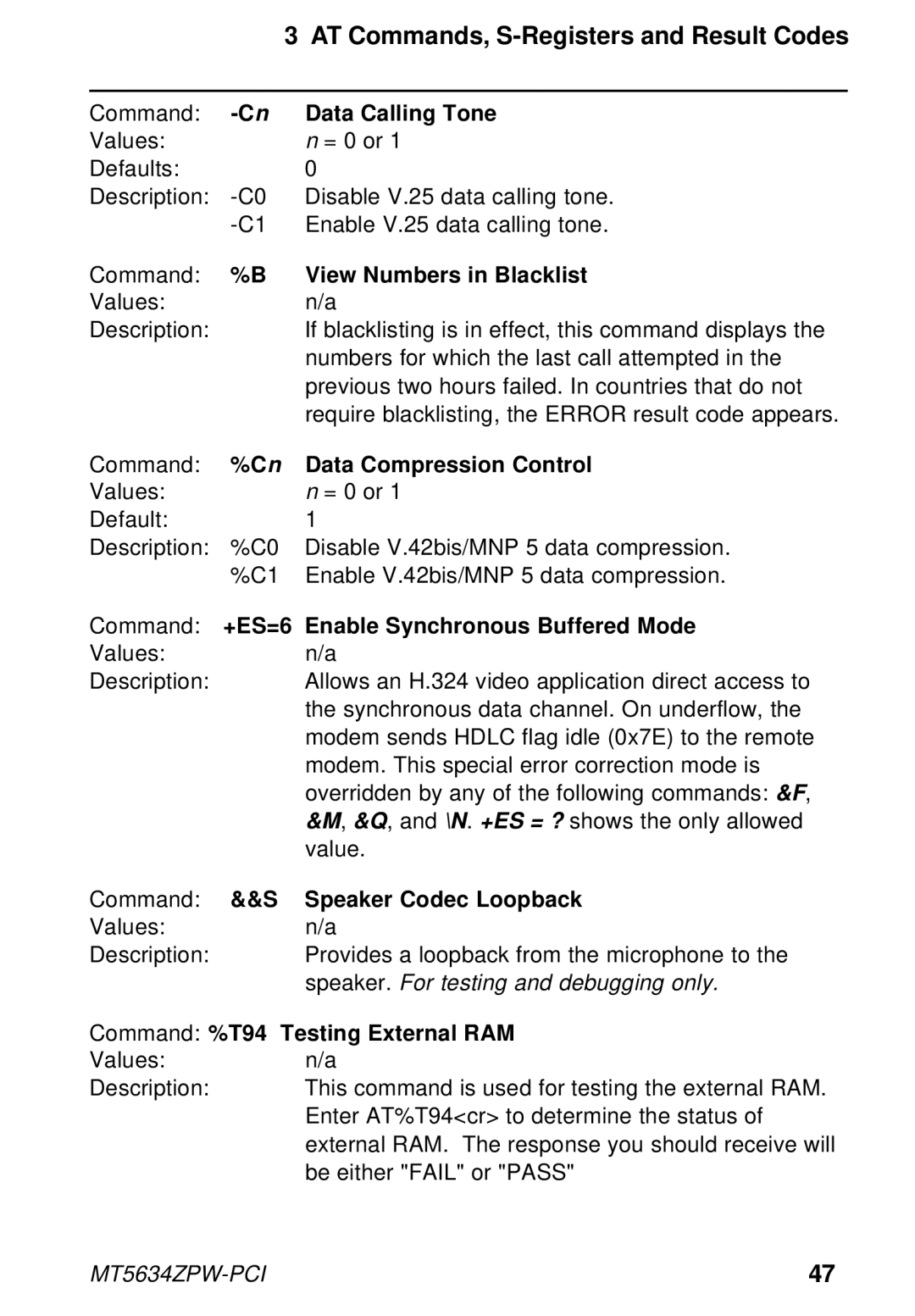 Multi-Tech Systems MT5634ZPW-PCI Data Calling Tone, View Numbers in Blacklist, Command %C n Data Compression Control 