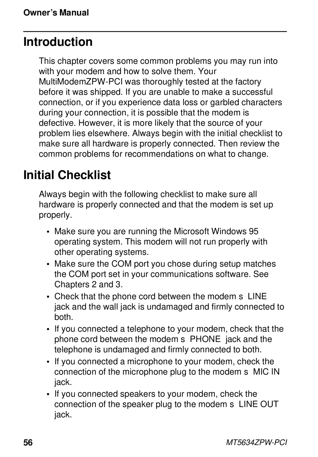 Multi-Tech Systems MT5634ZPW-PCI owner manual Introduction, Initial Checklist 