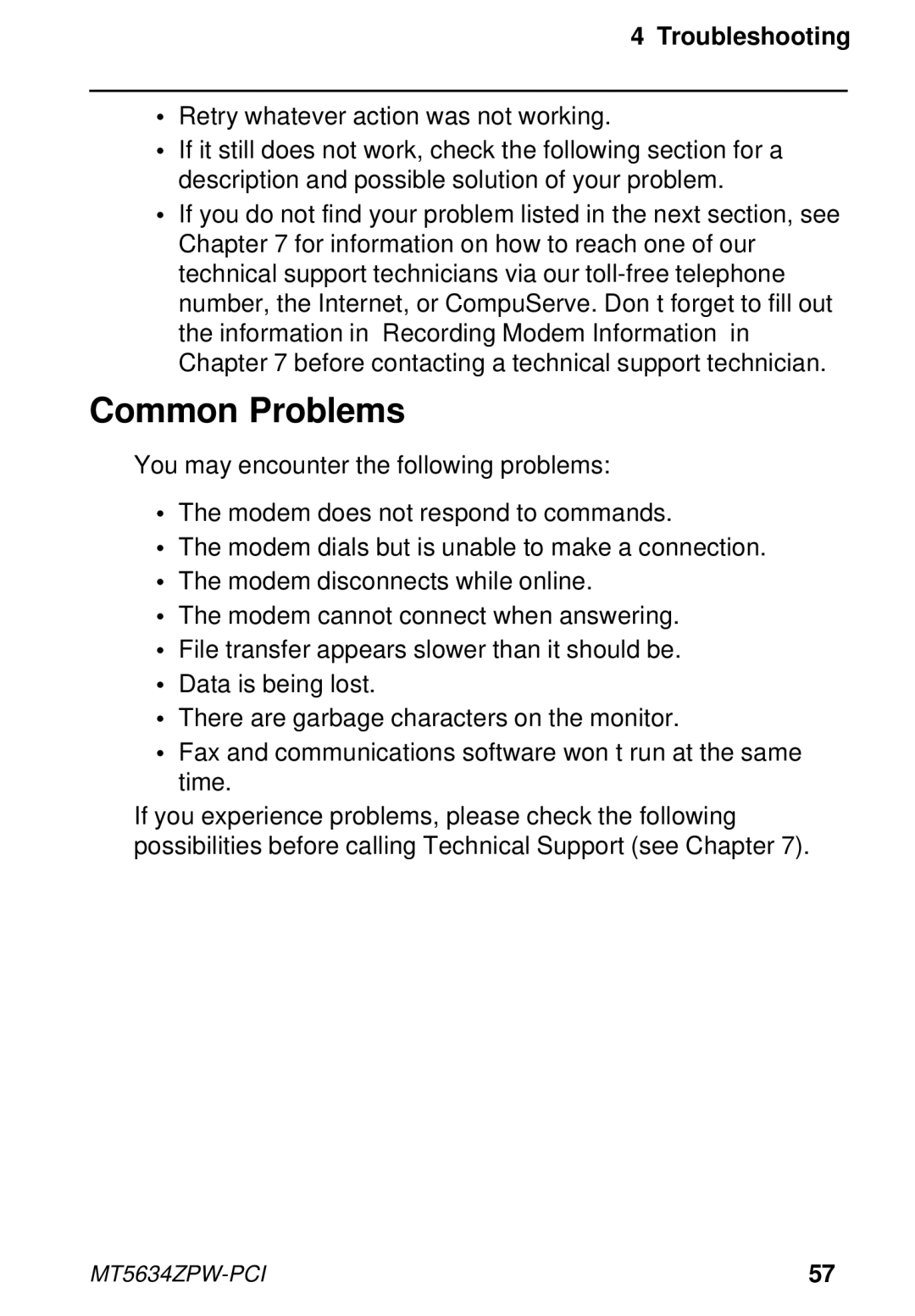 Multi-Tech Systems MT5634ZPW-PCI owner manual Common Problems, Troubleshooting 