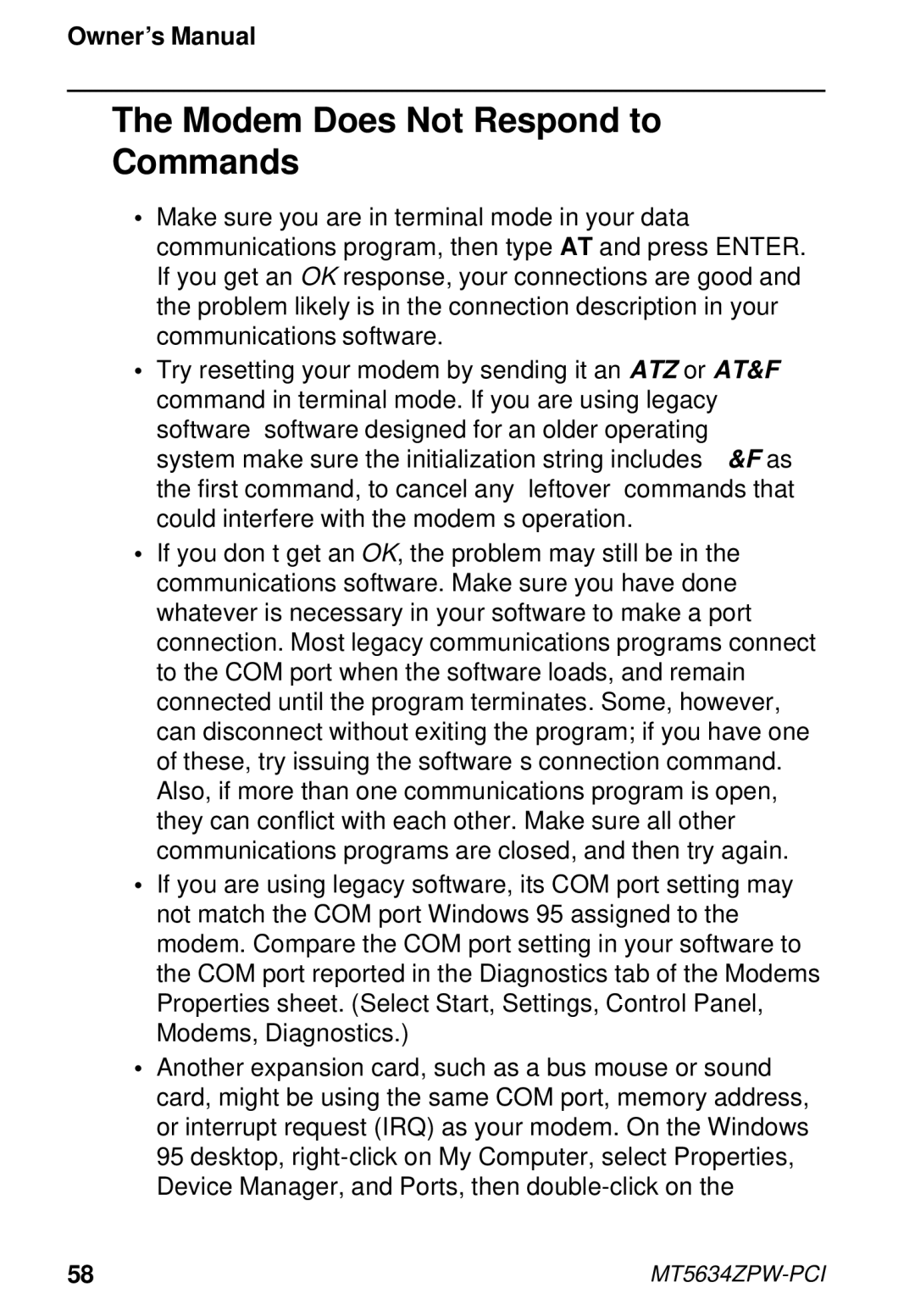 Multi-Tech Systems MT5634ZPW-PCI owner manual Modem Does Not Respond to Commands 