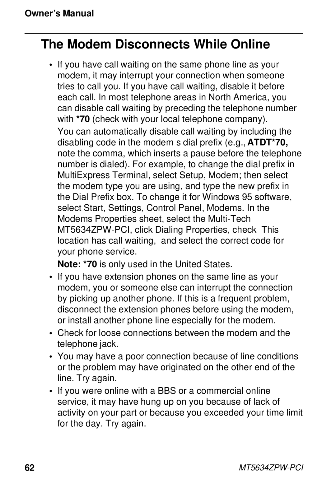 Multi-Tech Systems MT5634ZPW-PCI owner manual Modem Disconnects While Online 