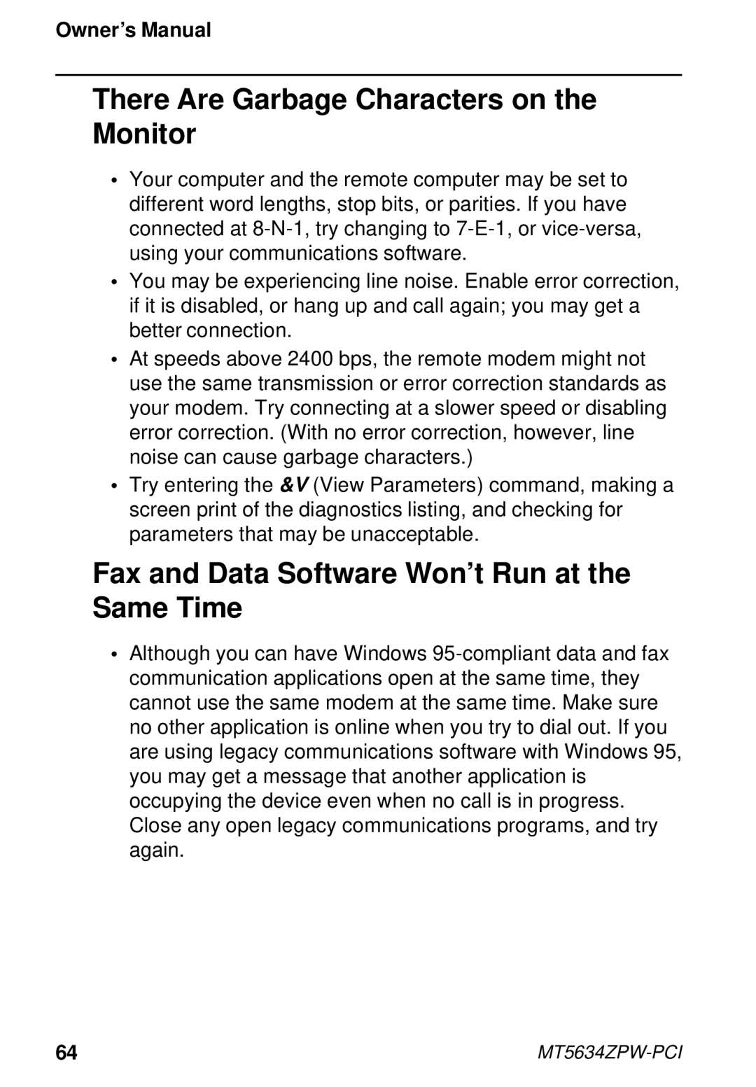 Multi-Tech Systems MT5634ZPW-PCI owner manual There Are Garbage Characters on the Monitor 